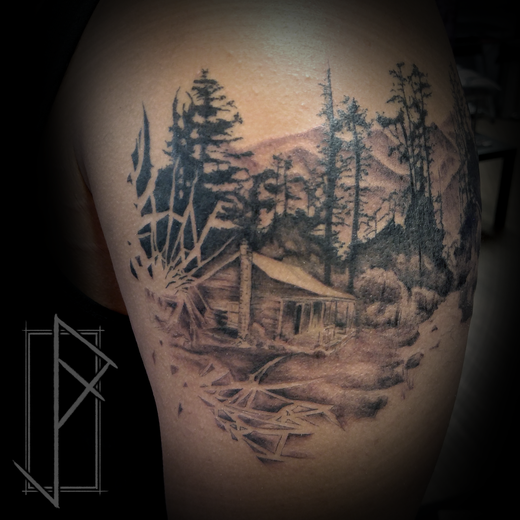 Cottage in forest tattoo by Roman Kor  Photo 30373