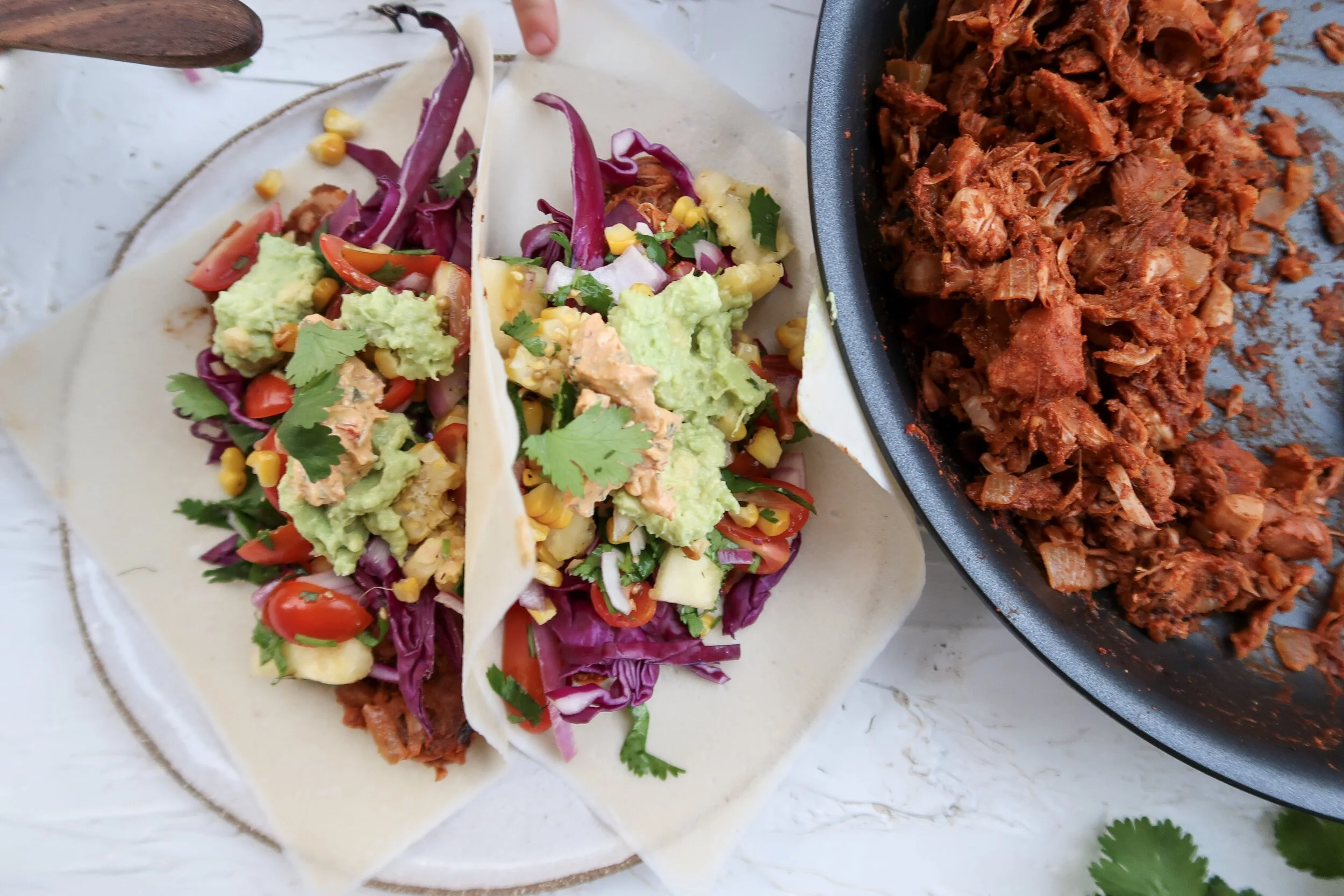 Smokey BBQ, jackfruit tacos with a charred corn and pineapple salsa&nbsp;