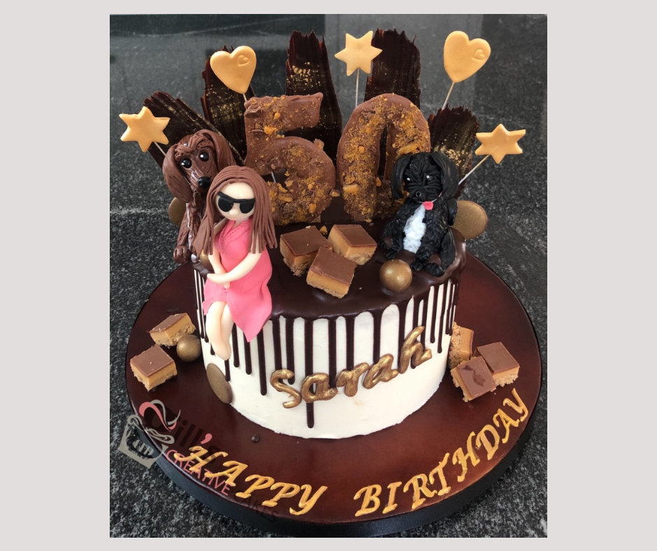 50th Chocolate Drip Cake with character and dogs.png