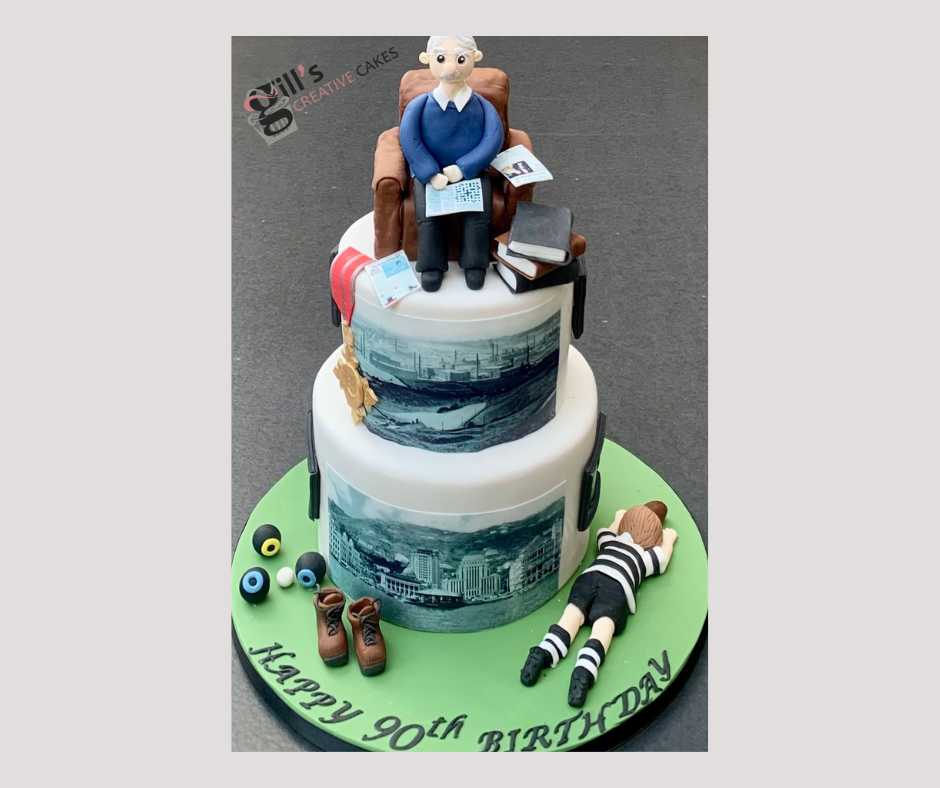 90th birthday two tier cake reflecting 90 years of life including rugby travel walking reading.png