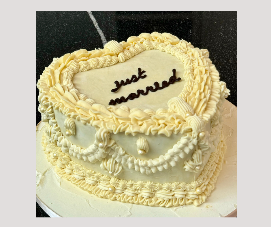 White Chocolate and Raspberry vintage lambeth style heart wedding cake 