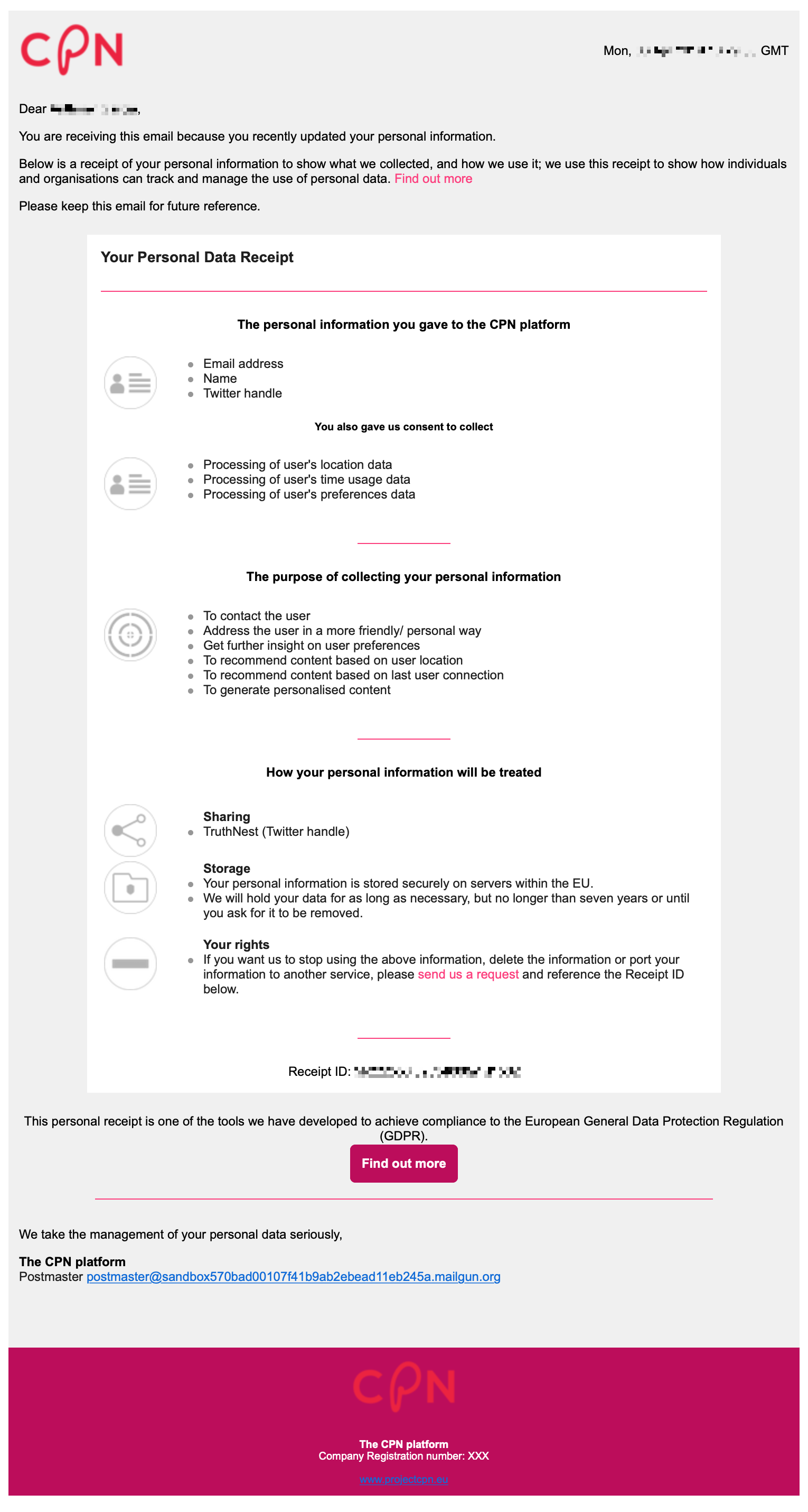 An example of a Personal Data Receipt.