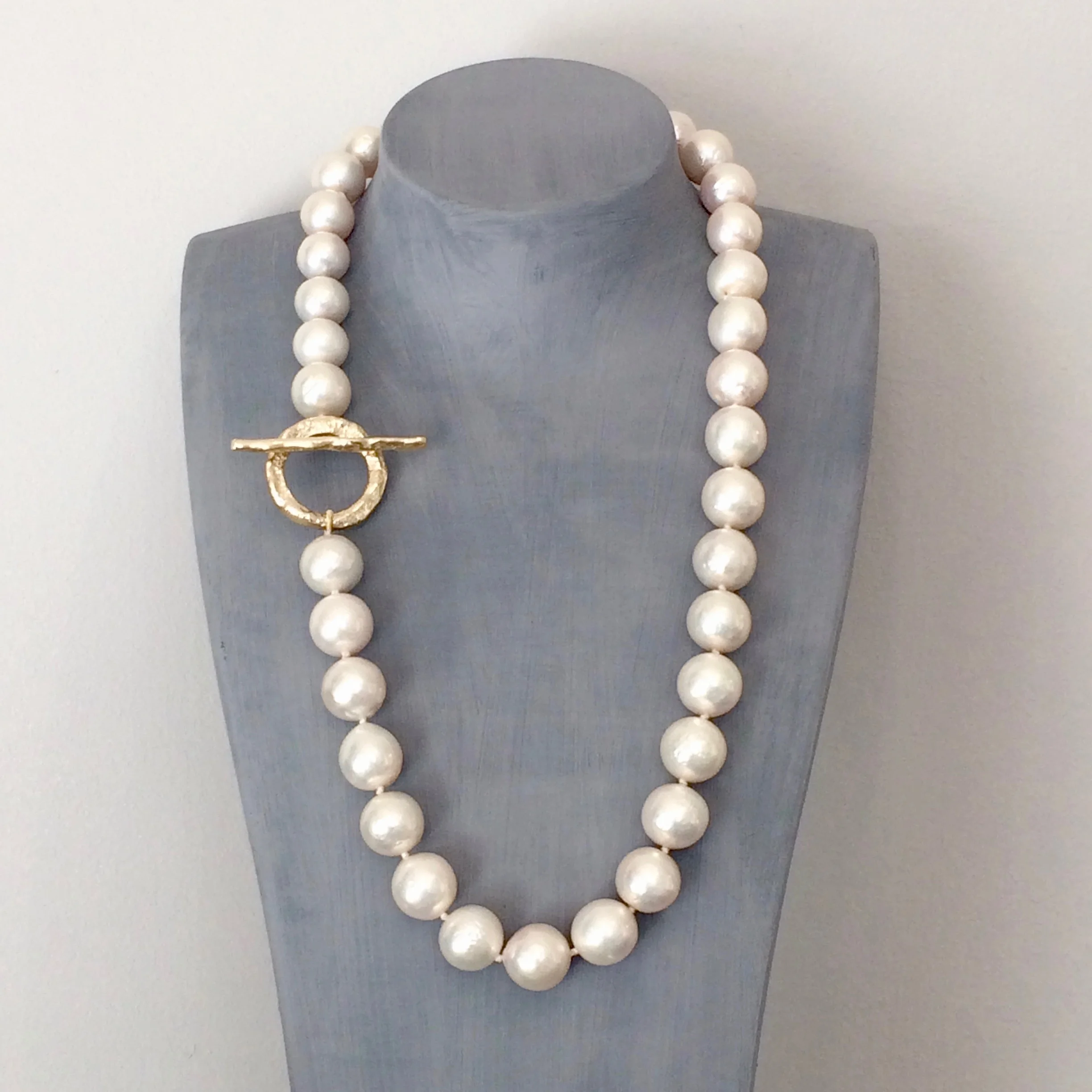 White Baroque Pearl Necklace with 9ct Yellow Gold T-Bar Clasp