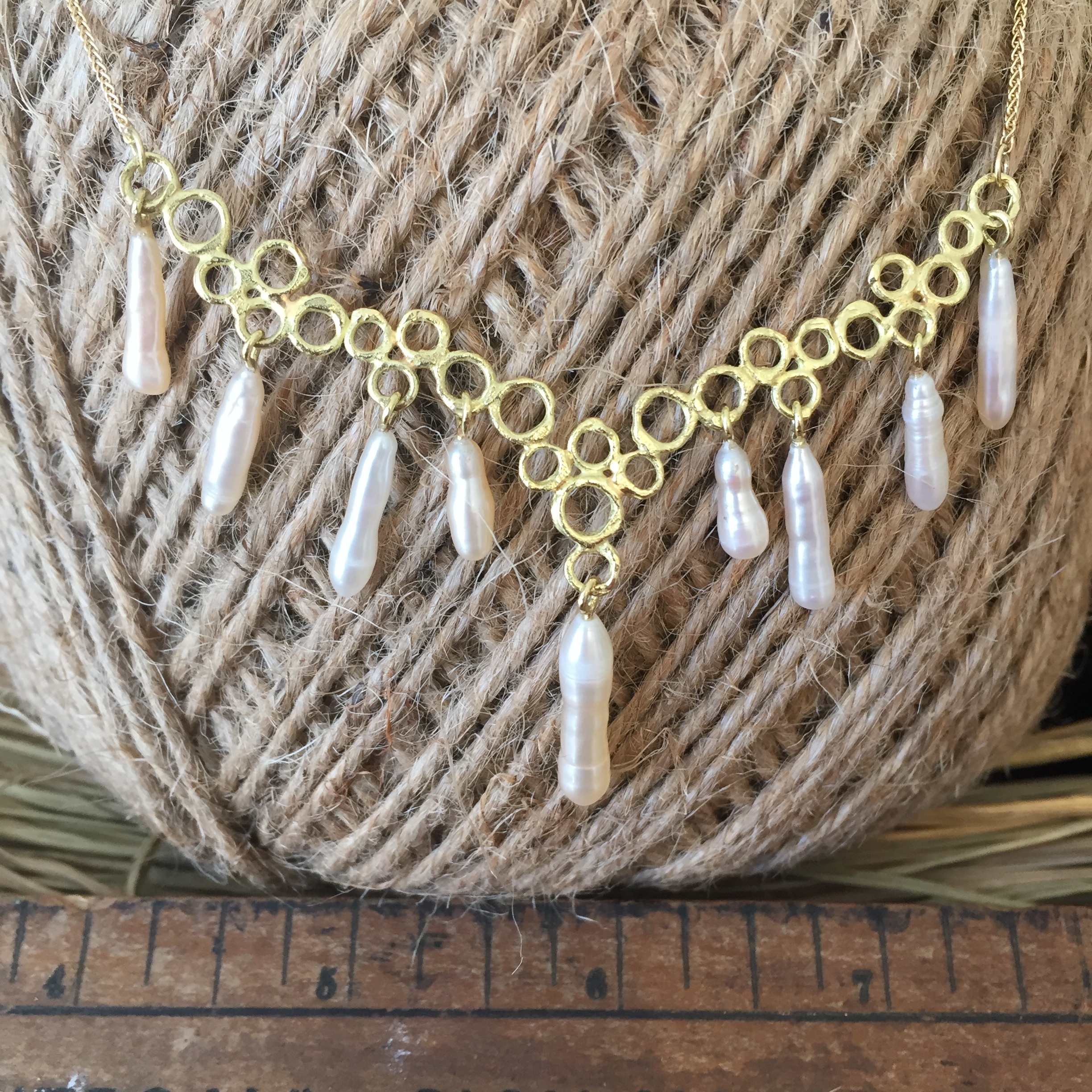Pearl and 18ct Yellow Gold Bubble wishbone Necklace