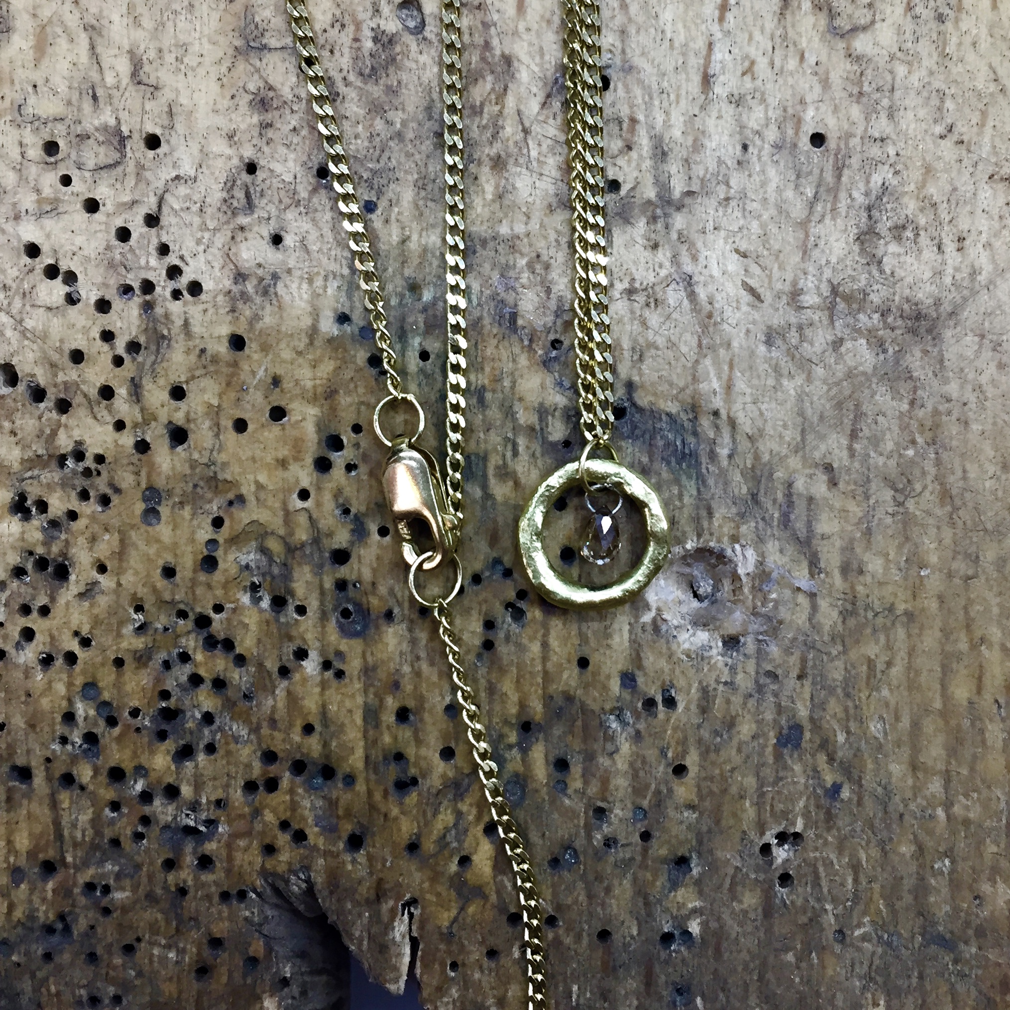 Molten Circle Pendant with Champagne Diamond Briolette in 18ct Yellow fair Trade Gold