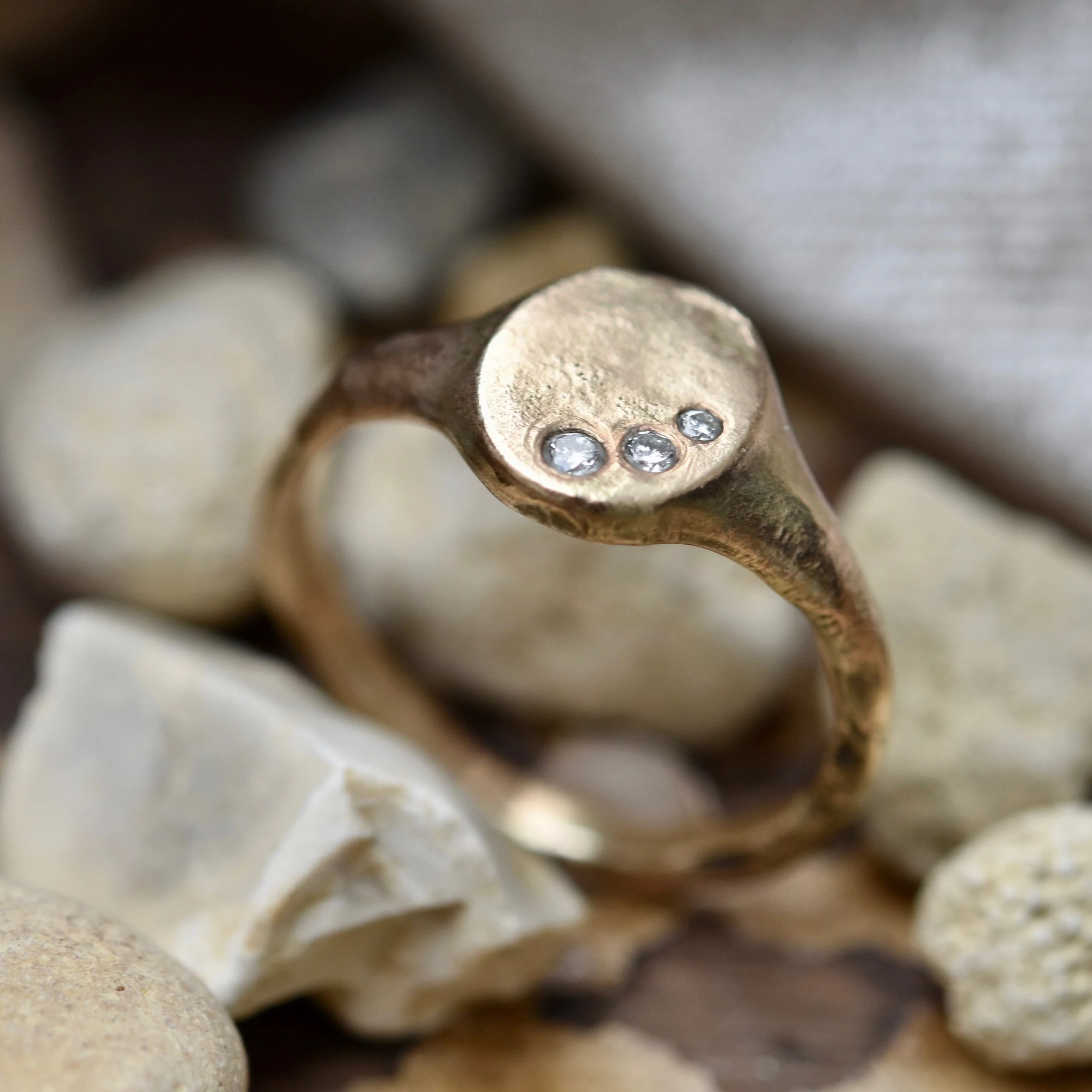 Melty 9ct Yellow Gold and Diamond Signet Ring