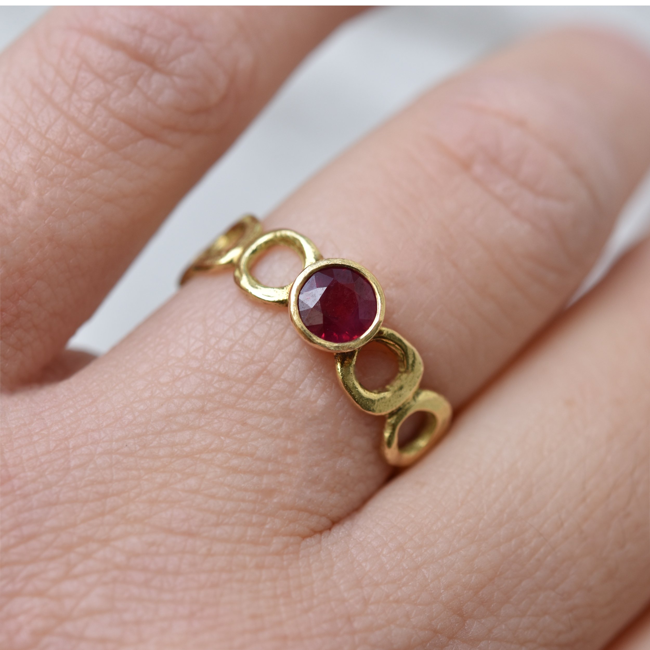 Erin Cox ruby 18ct bubble ring engagement gift present anniversary designer handmade handcrafted jewellery Uk Devon local recycled ethically sourced gold