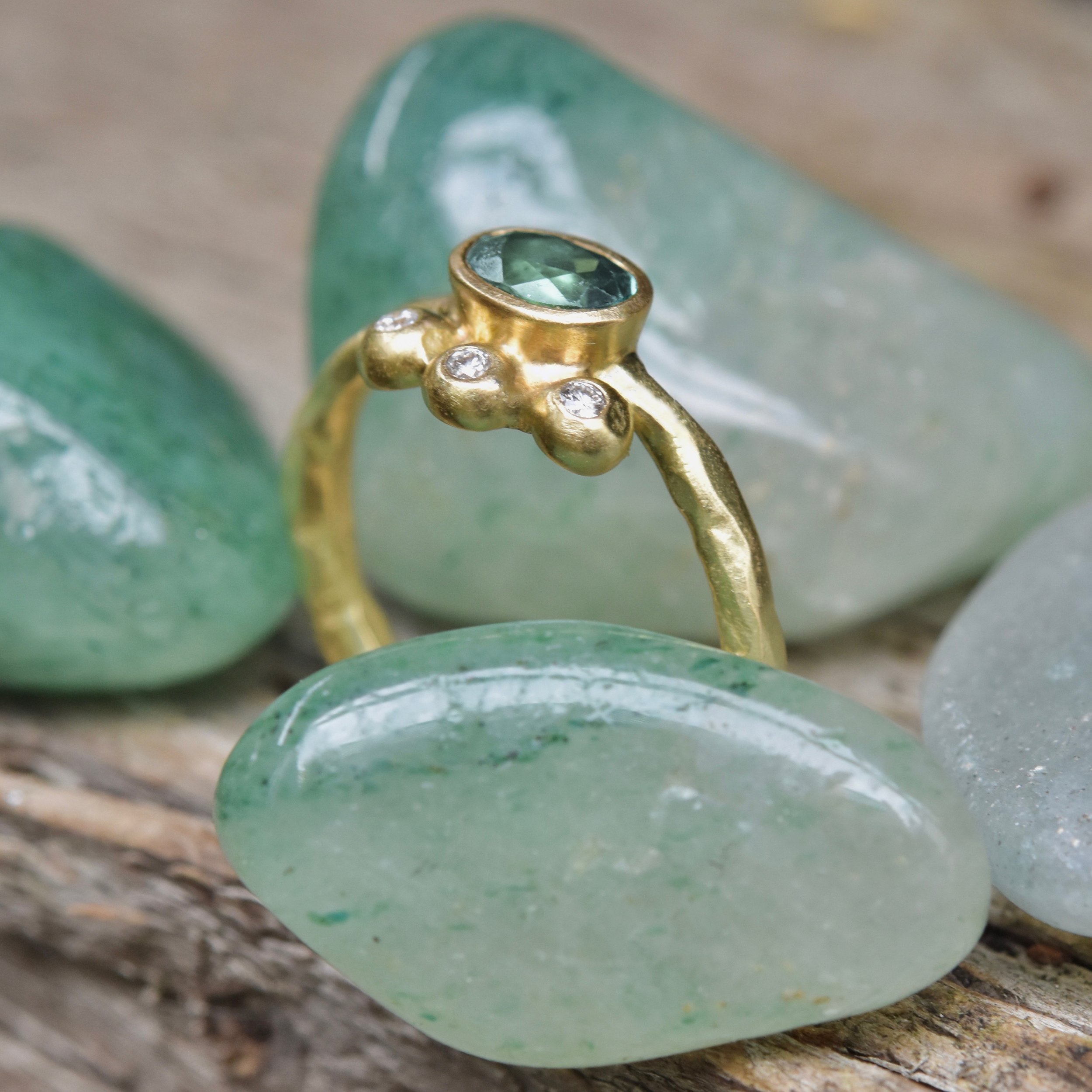 Erin Cox Jewellery, 18 carat yellow gold with tourmaline & diamond pebble molten ring, handmade designer jewellery, recycled ethical gold, Uk Devon Topsham local business