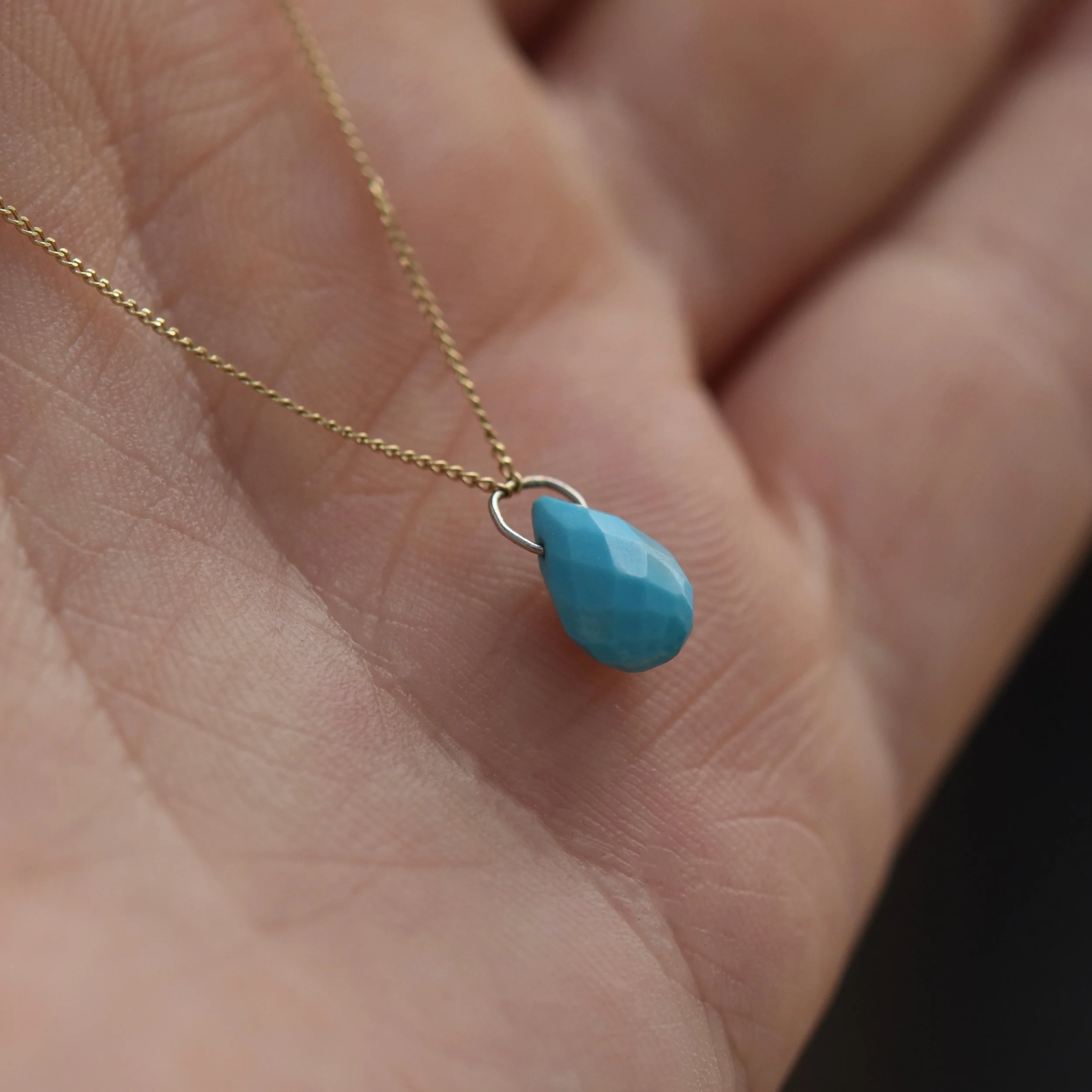 9ct yellow gold turquoise briolette drop necklace handmade handcrafted elegant artisan designer jewellery responsibly sourced recycled gold jewellery UK Devon Exeter Topsham small local business