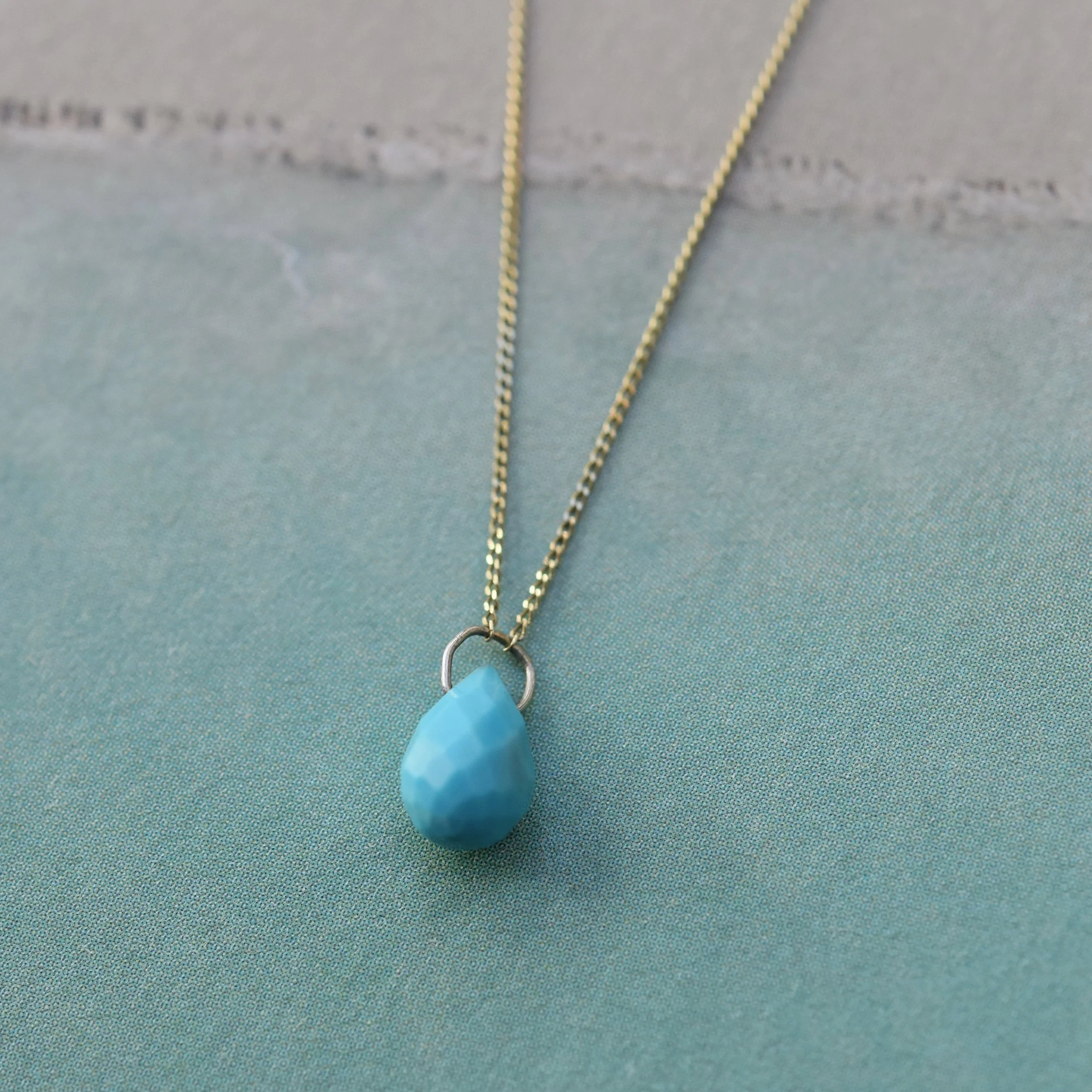 9ct yellow gold turquoise briolette drop necklace handmade handcrafted elegant artisan designer jewellery responsibly sourced recycled gold jewellery UK Devon Exeter Topsham small local business