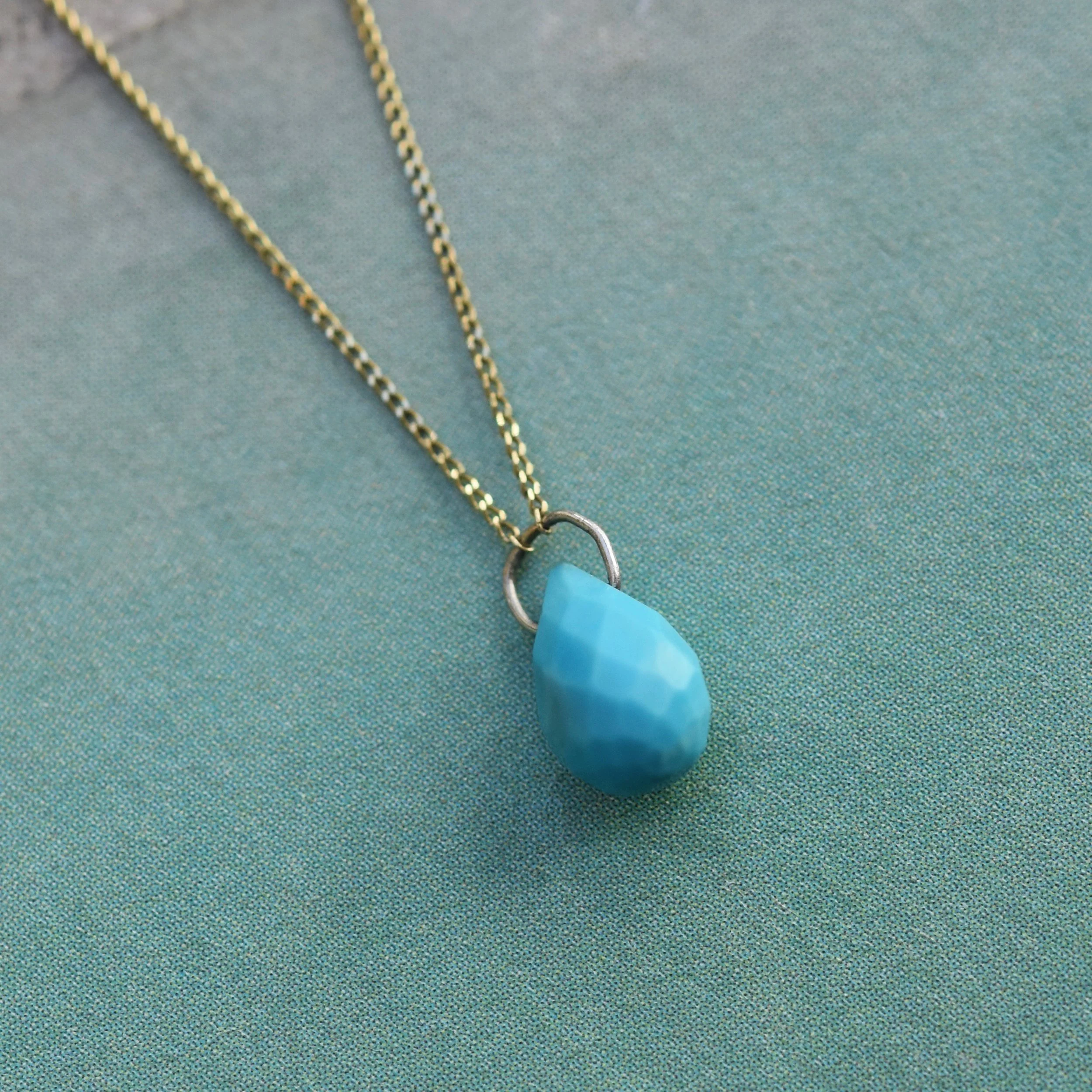 Erin Cox 9ct yellow gold turquoise briolette necklace handmade handcrafted elegant artisan designer jewellery, responsibly sourced recycled gold, UK Devon Exeter Topsham small local business