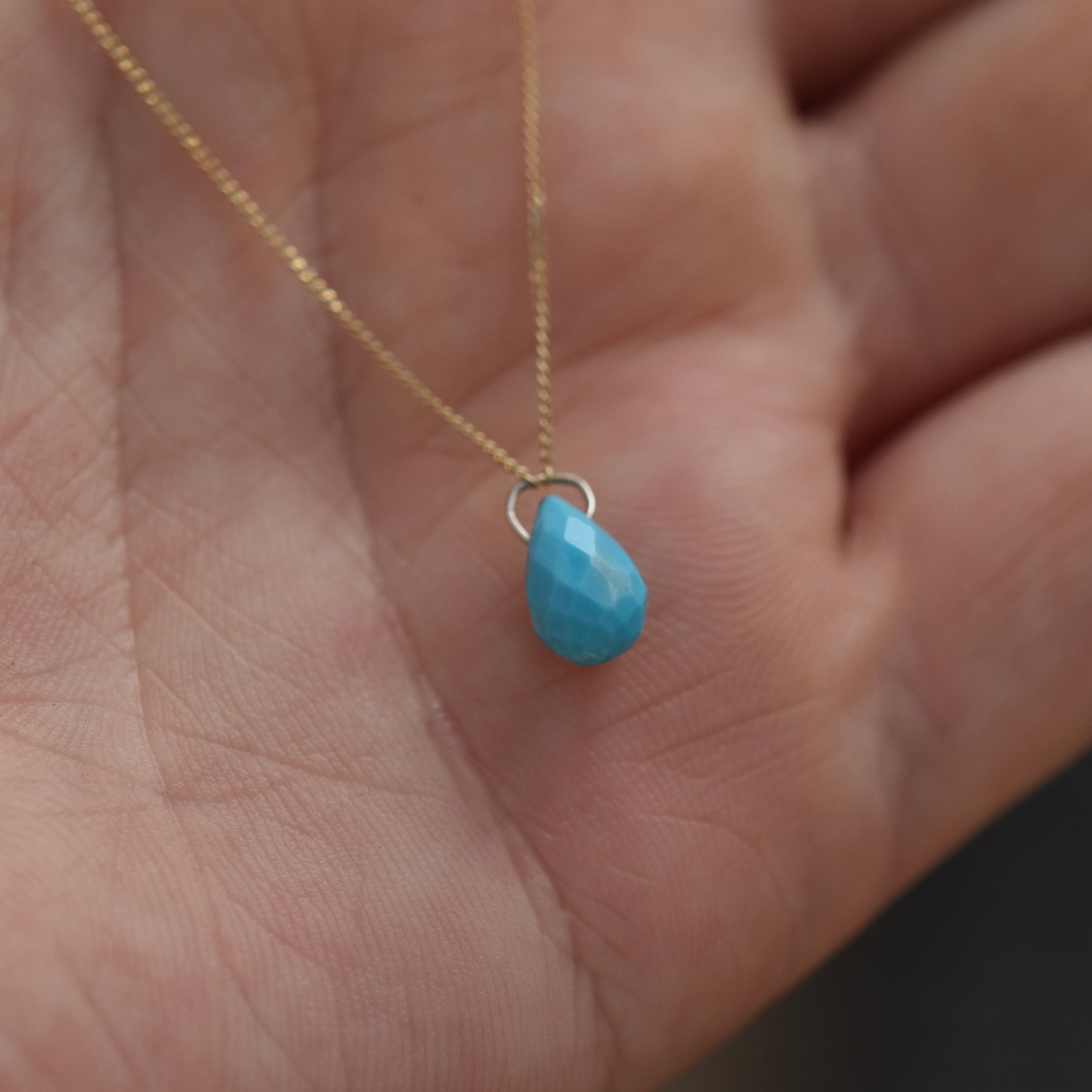 9ct yellow gold turquoise briolette drop necklace handmade handcrafted elegant artisan designer jewellery responsibly sourced recycled gold jewellery UK Devon Exeter Topsham small local business