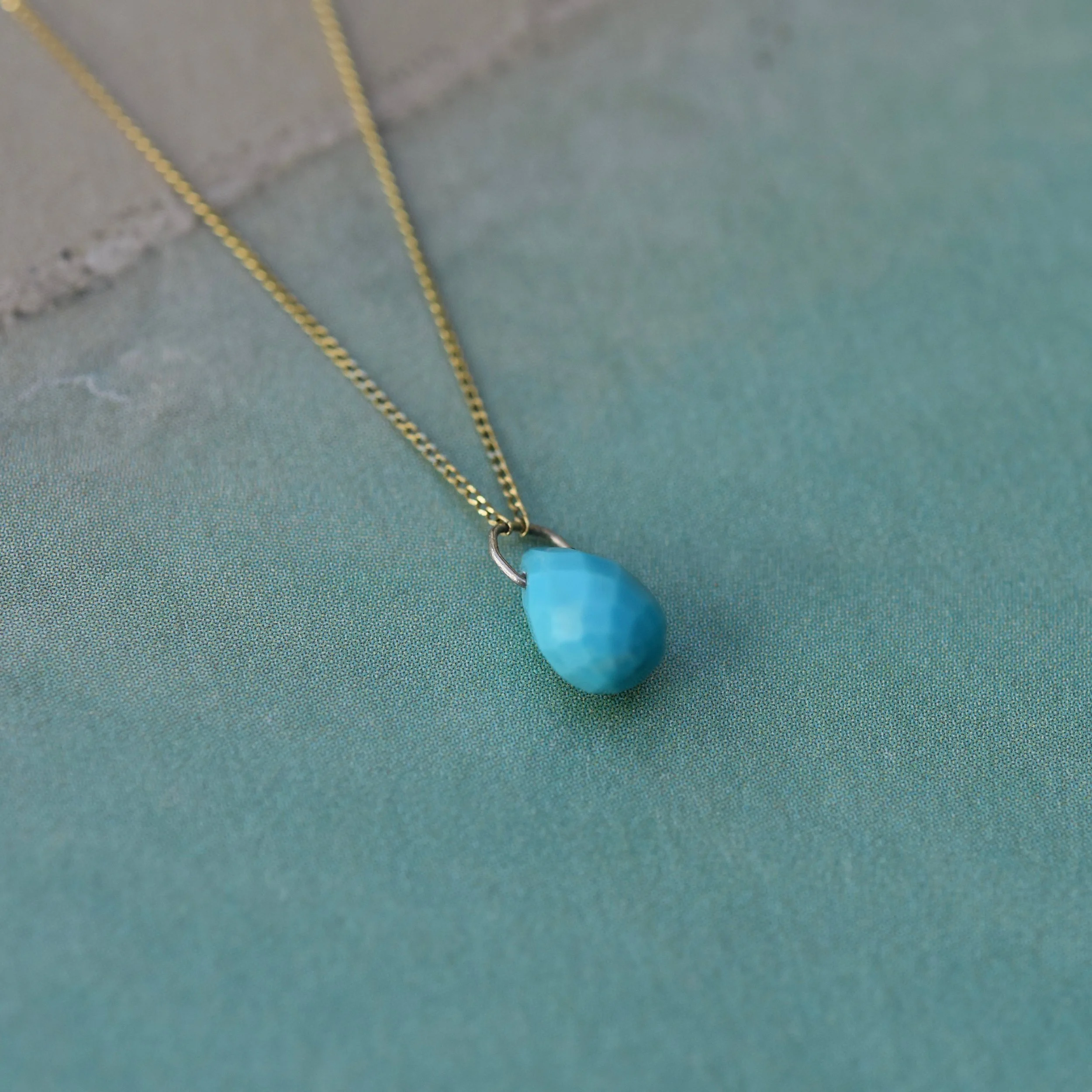 9ct yellow gold turquoise briolette drop necklace handmade handcrafted elegant artisan designer jewellery responsibly sourced recycled gold jewellery UK Devon Exeter Topsham small local business