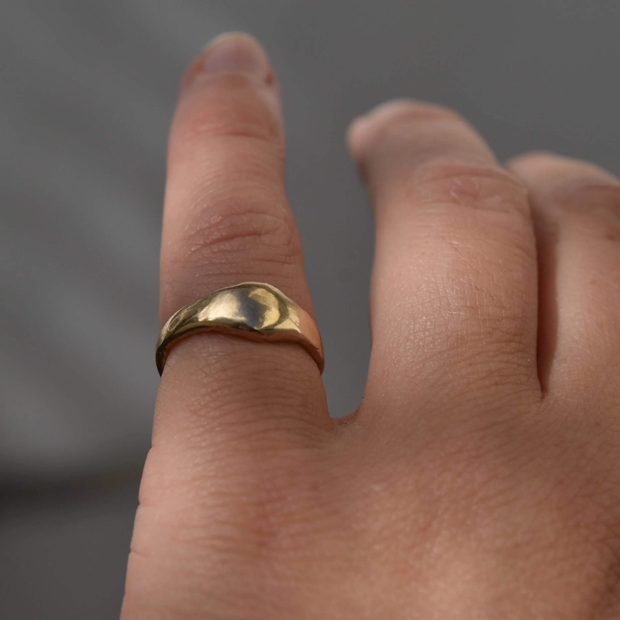 Erin Cox Molten 9ct yellow gold signet pinky ring designer handmade handcrafted jewellery recycled ethically sourced gold Uk Devon local