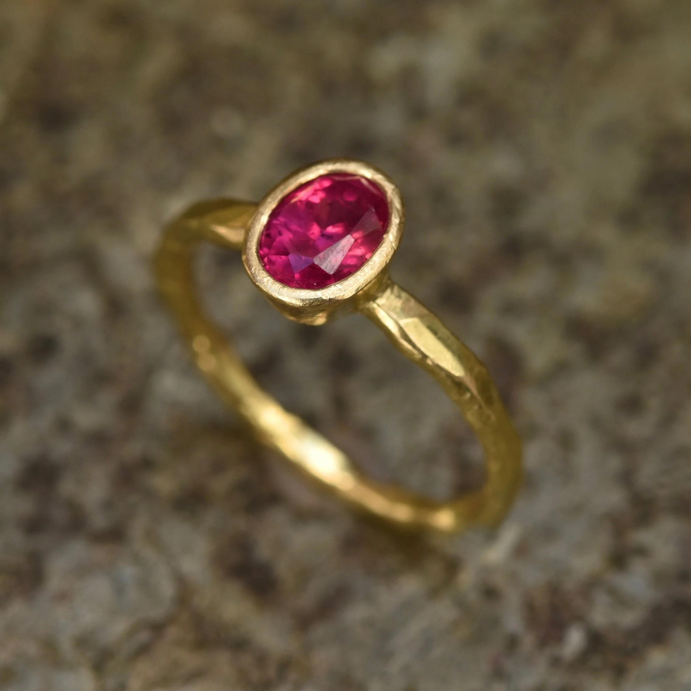 Erin Cox oval Ruby 18ct yellow gold molten ring Engagement gift present anniversary designer handmade handcrafted jewellery recycled ethically sourced gold UK DEvon local