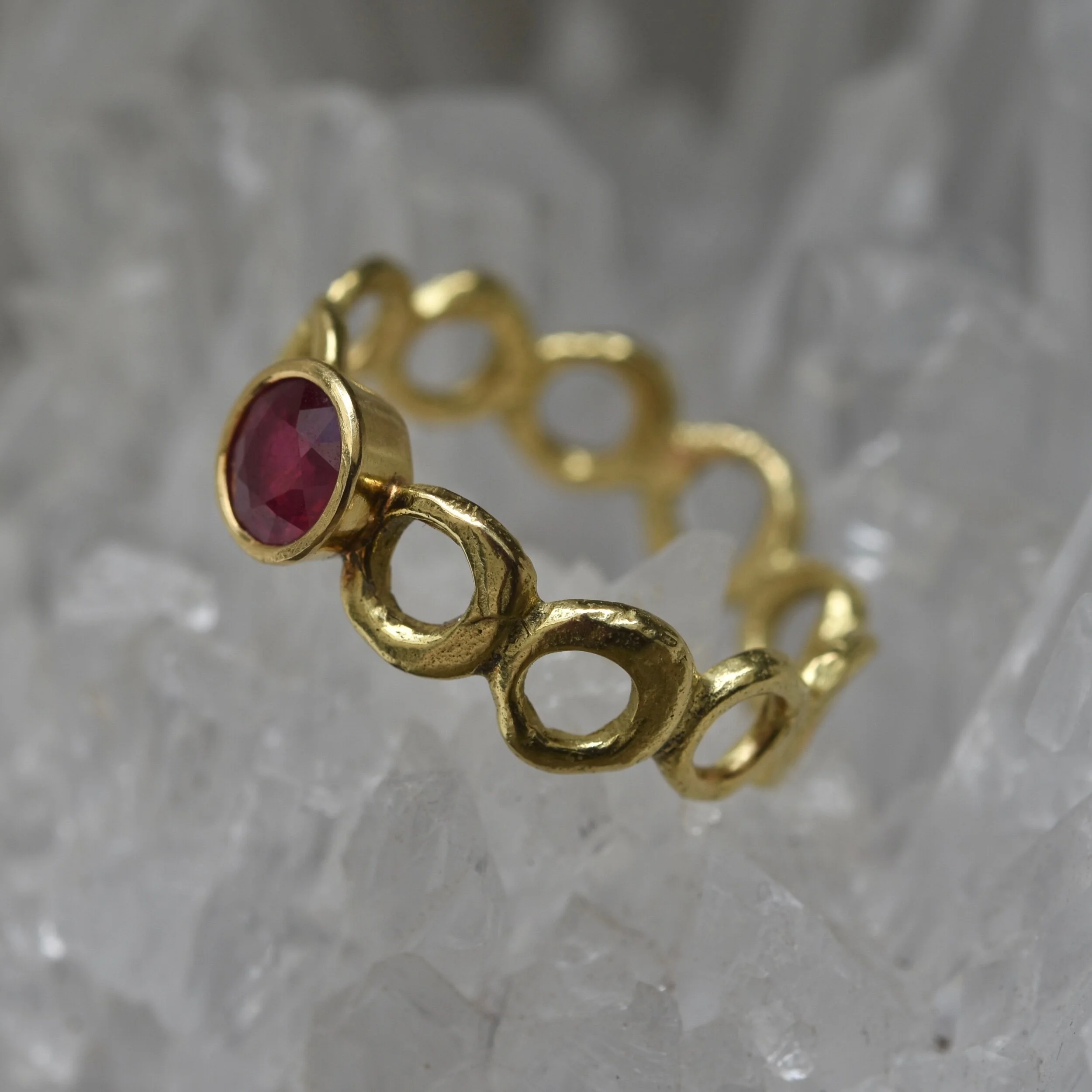 Erin Cox ruby 18ct bubble ring engagement gift present anniversary designer handmade handcrafted jewellery Uk Devon local recycled ethically sourced gold