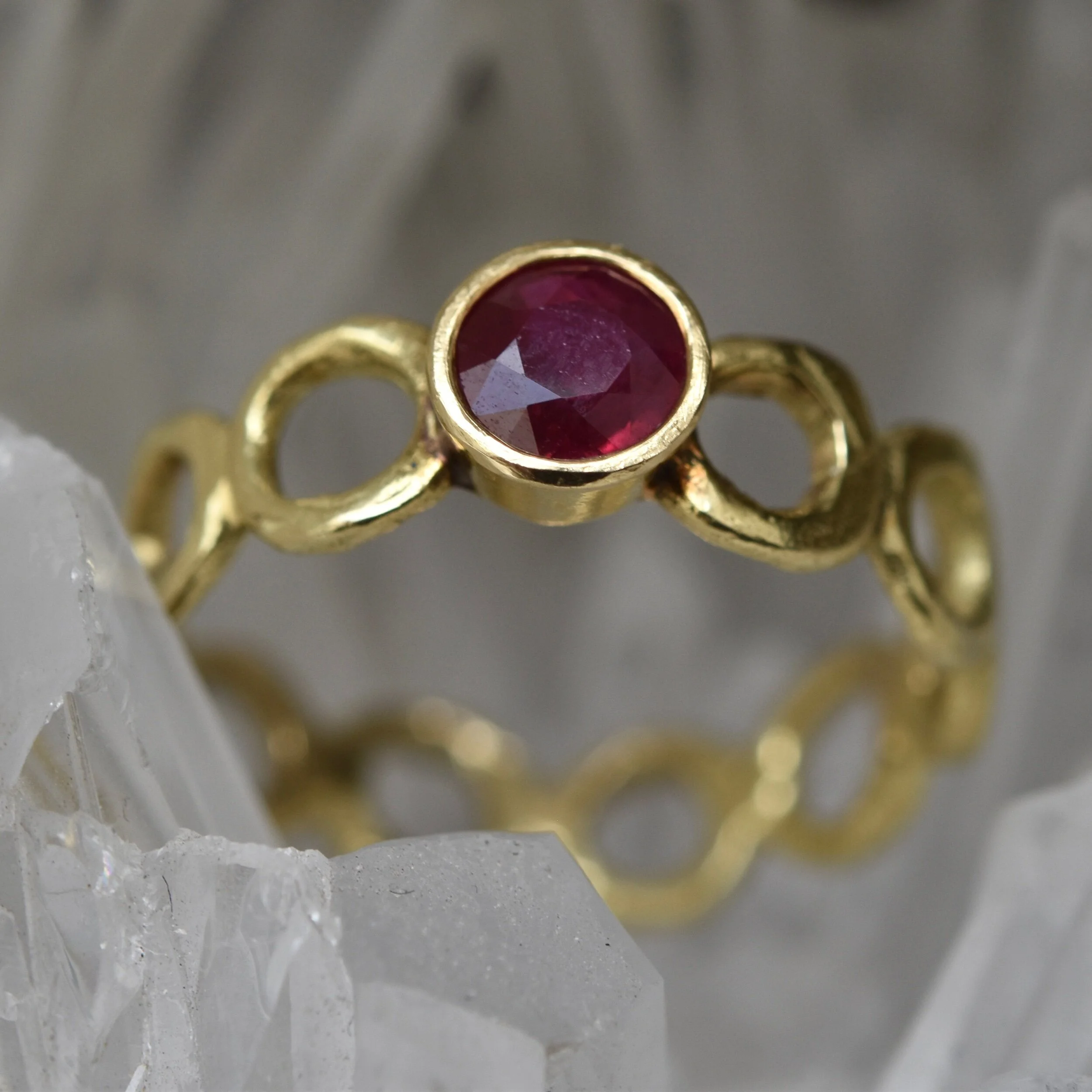 Erin Cox ruby 18ct bubble ring engagement gift present anniversary designer handmade handcrafted jewellery Uk Devon local recycled ethically sourced gold
