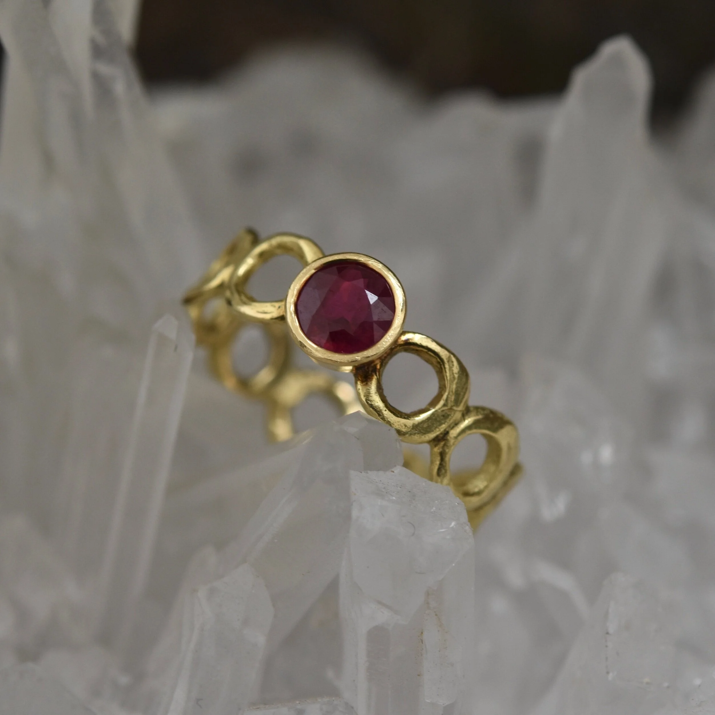 Erin Cox ruby 18ct bubble ring engagement gift present anniversary designer handmade handcrafted jewellery Uk Devon local recycled ethically sourced gold