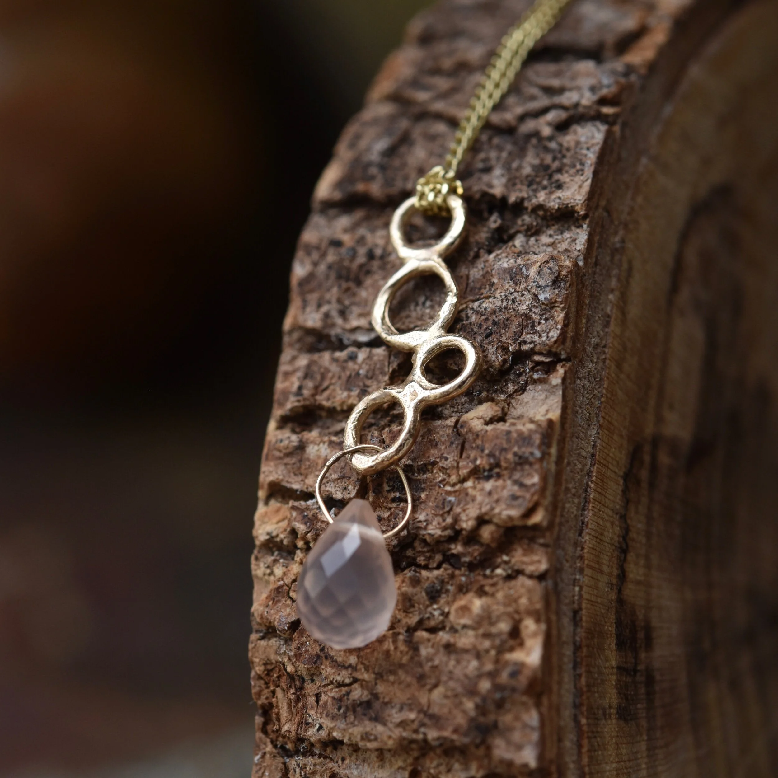 Erin Cox 9ct yellow gold bubble necklace with rose quartz briolette drop handmade handcrafted designer jewellery gift present birthdays anniversary UK Devon local ethically sourced gold