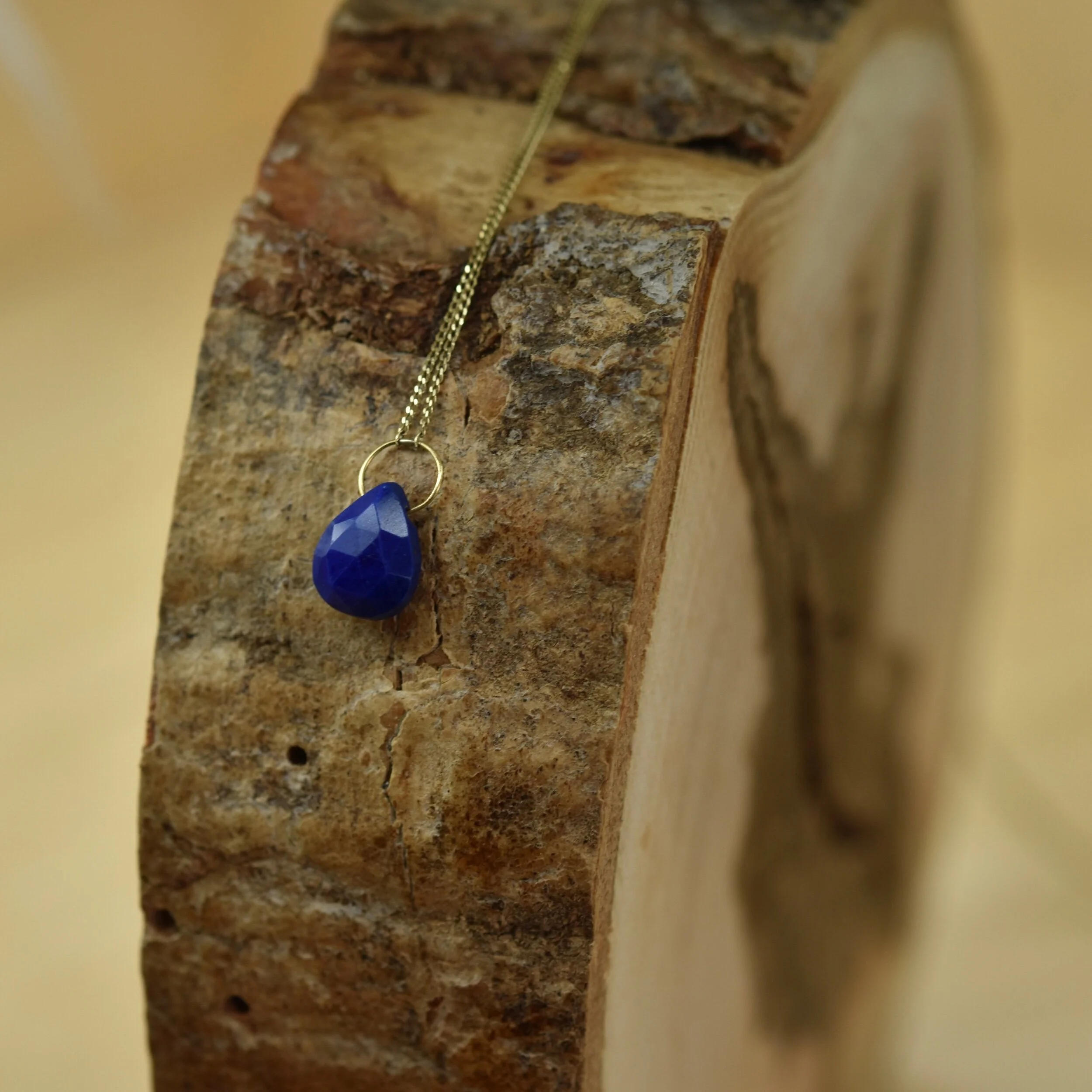 Erin Cox 9ct yellow gold lapis lazuli briolette drop necklace. Handmade handcrafted designer jewellery ethically sourced recycled gold Devon UK local present gift birthday anniversary