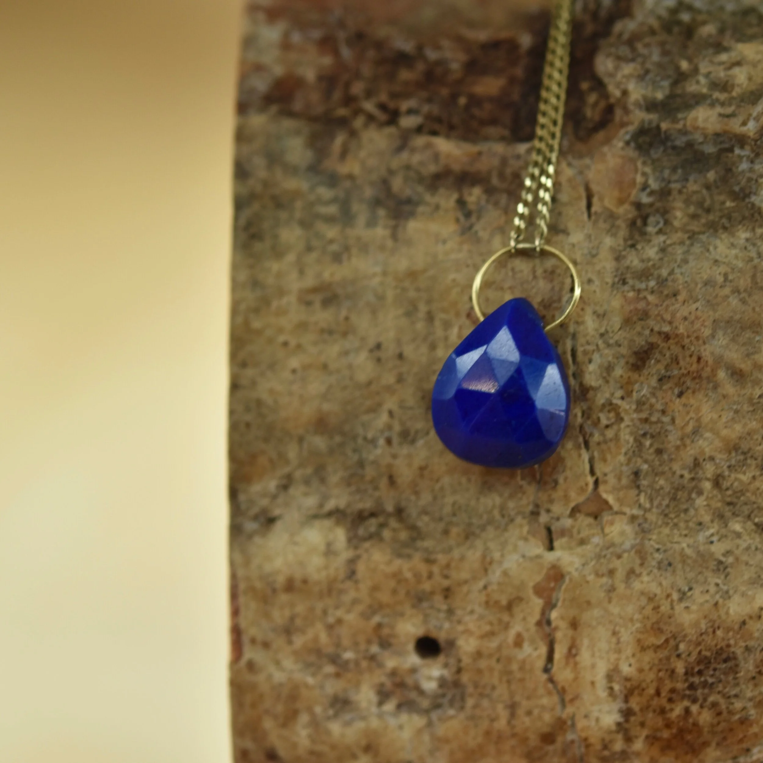 Erin Cox 9ct yellow gold lapis lazuli briolette drop necklace. Handmade handcrafted designer jewellery ethically sourced recycled gold Devon UK local present gift birthday anniversary