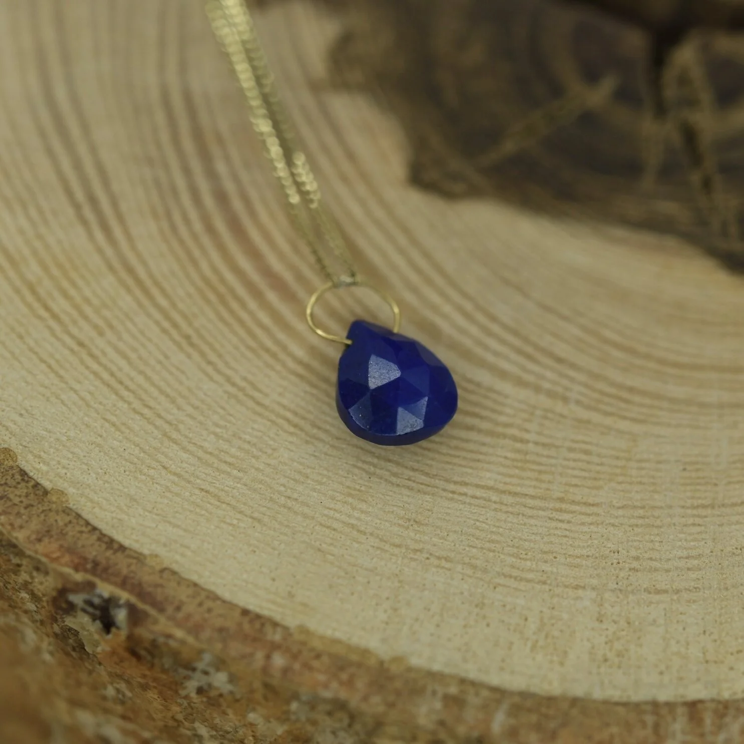 Erin Cox 9ct yellow gold lapis lazuli briolette drop necklace. Handmade handcrafted designer jewellery ethically sourced recycled gold Devon UK local present gift birthday anniversary
