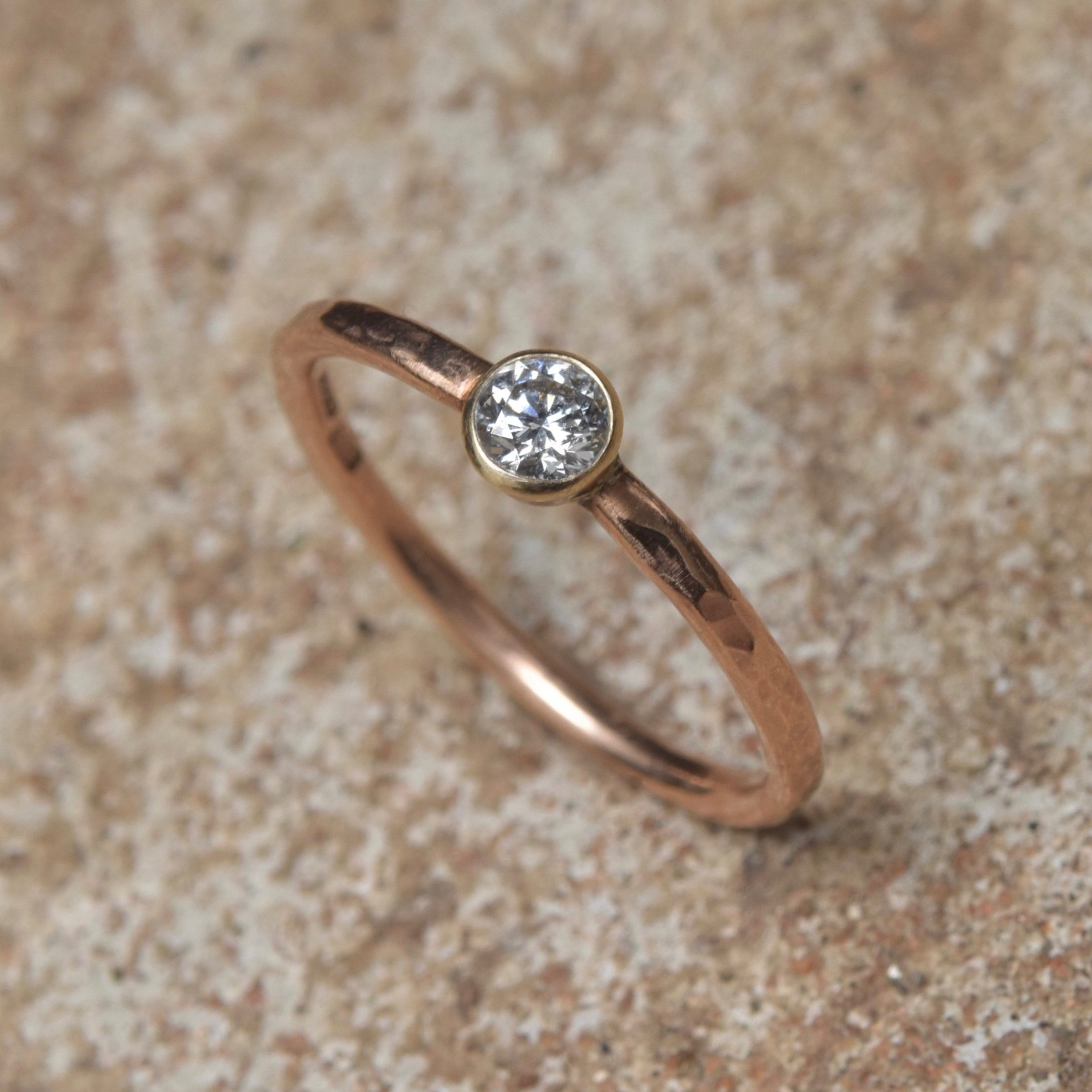 Hammered 9ct Red Gold & 3.5mm Diamond Ring