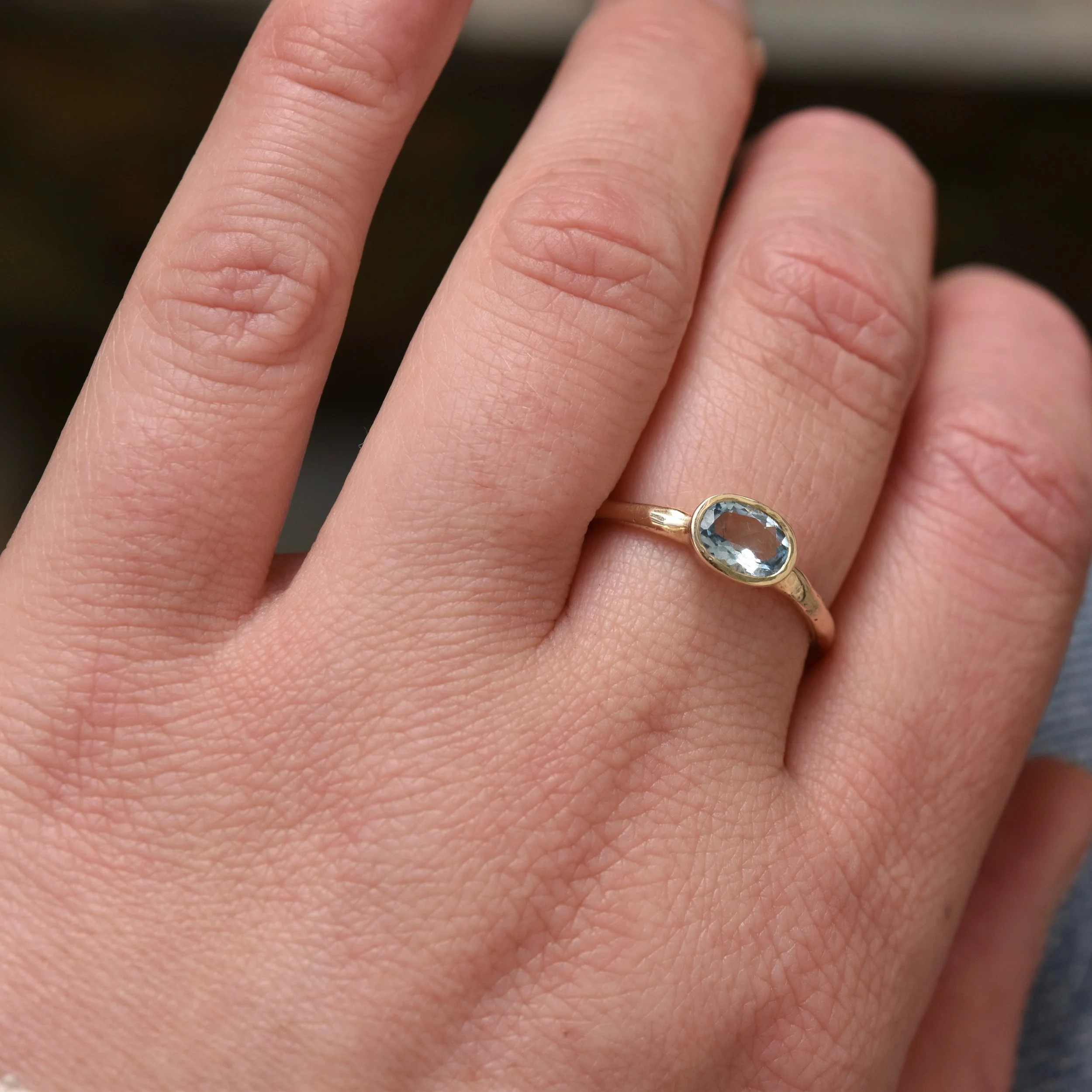 Erin Cox landscape set oval aquamarine 9CT yellow gold Jewellery handmade handcrafted authentic ethically sourced recycled gold ring Devon small business engagement gift anniversary Present