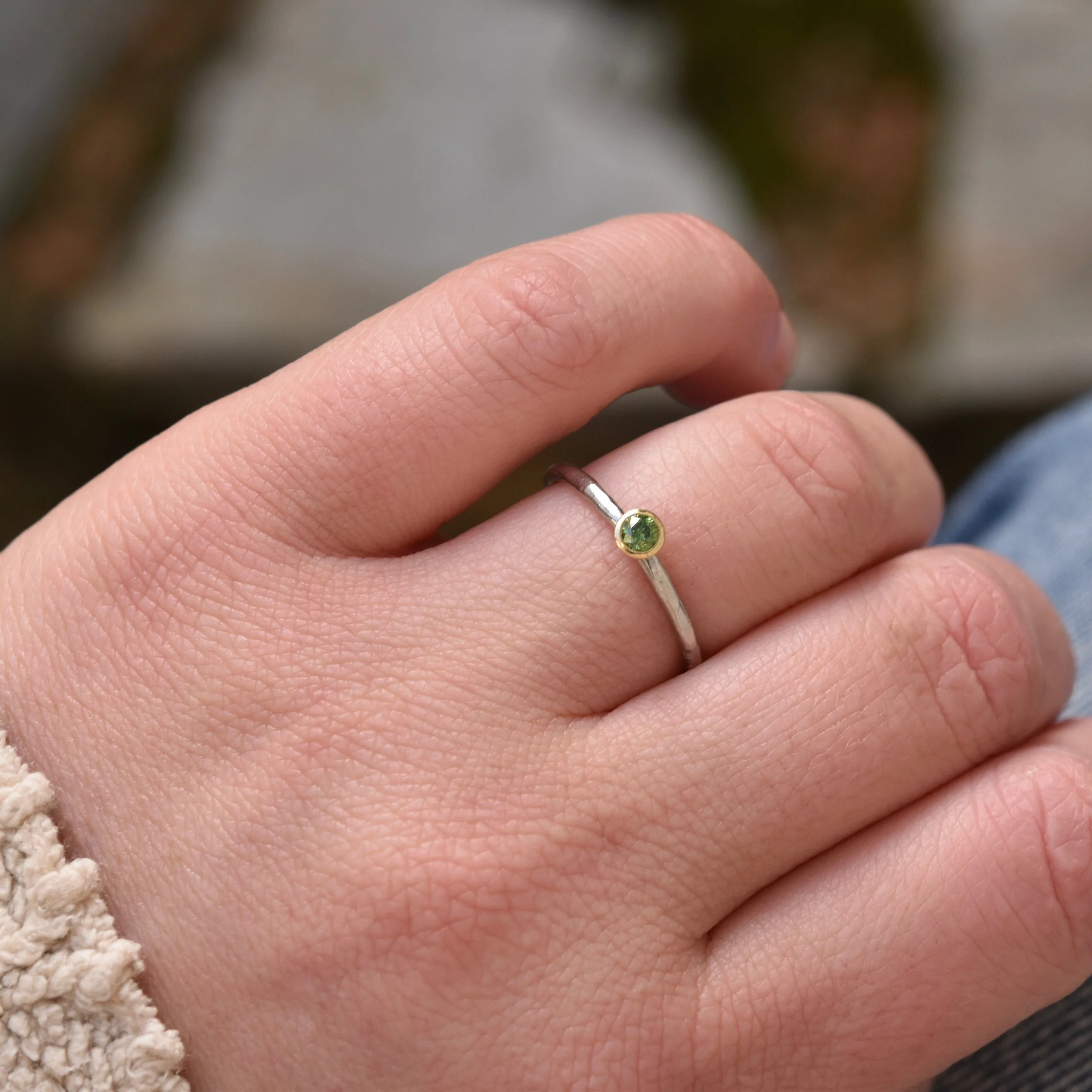 Erin Cox green diamond platinum 18CT yellow gold Jewellery handmade handcrafted authentic ethically sourced recycled gold ring Devon small business engagement gift anniversary designer Bespoke Devon
