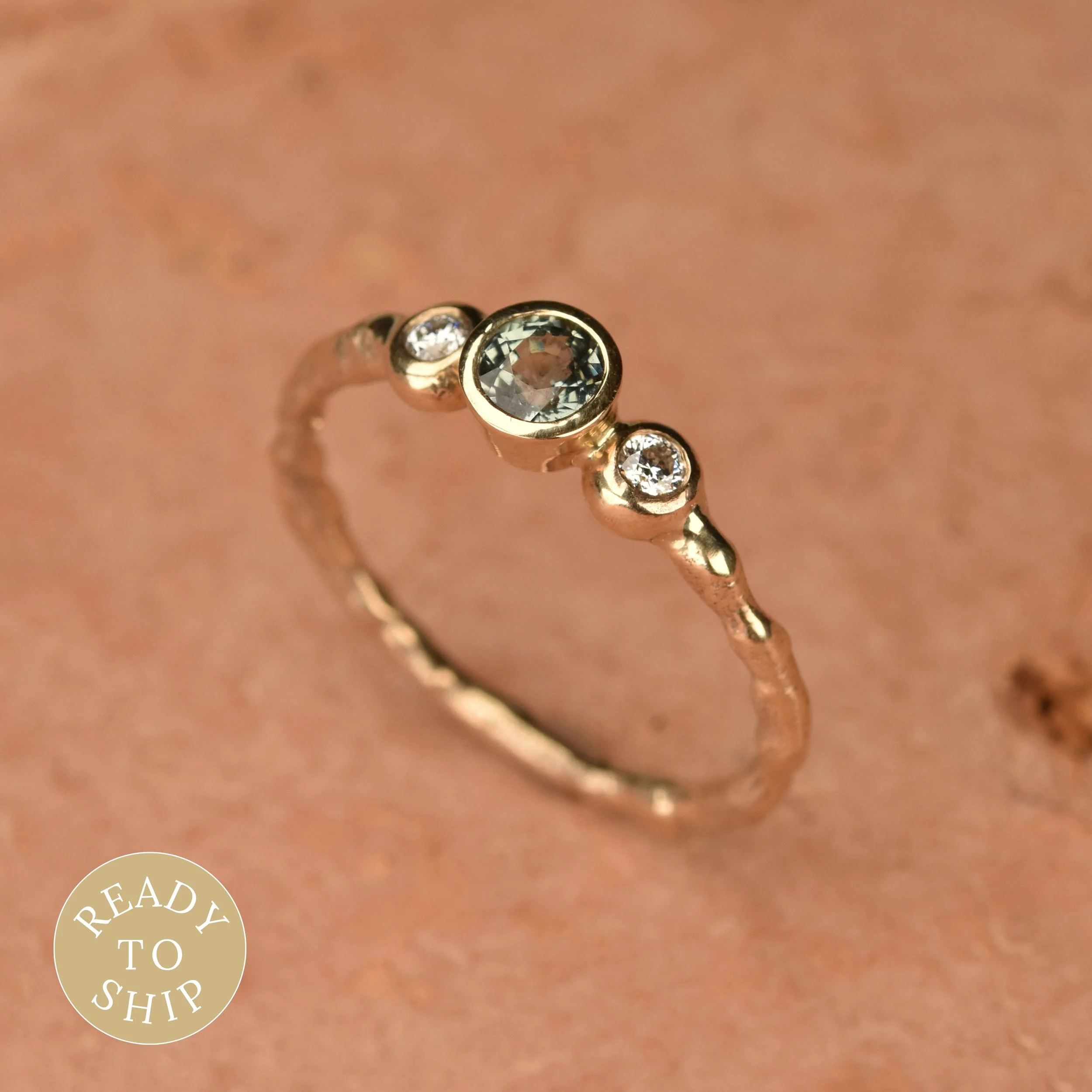 9ct Yellow Gold, Green Sapphire & Diamond Pebble Trilogy Ring