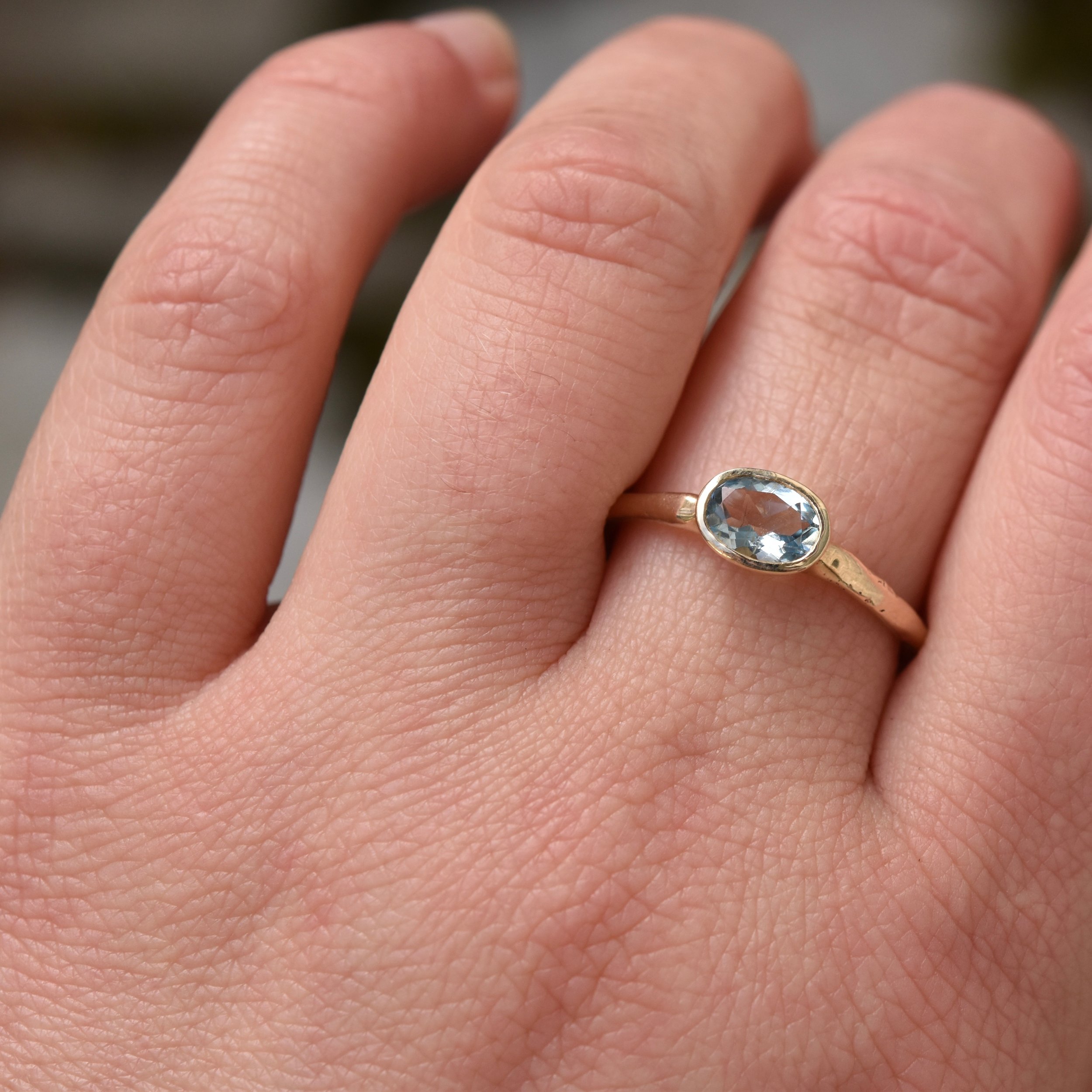 Erin Cox landscape set oval aquamarine 9CT yellow gold Jewellery handmade handcrafted authentic ethically sourced recycled gold ring Devon small business engagement gift anniversary UK