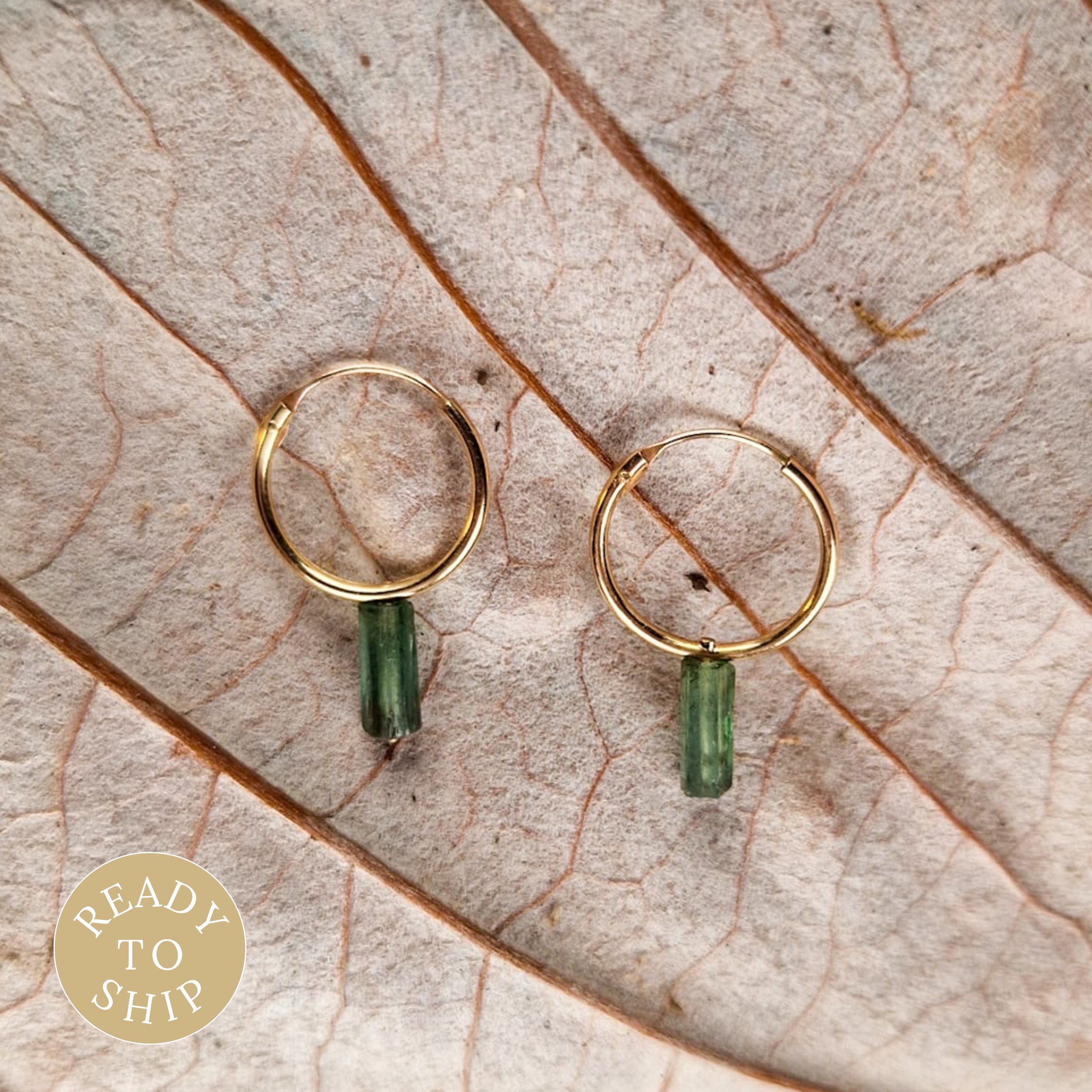 9ct yellow Gold 12mm Hoop Earrings With Green Tourmaline Drops