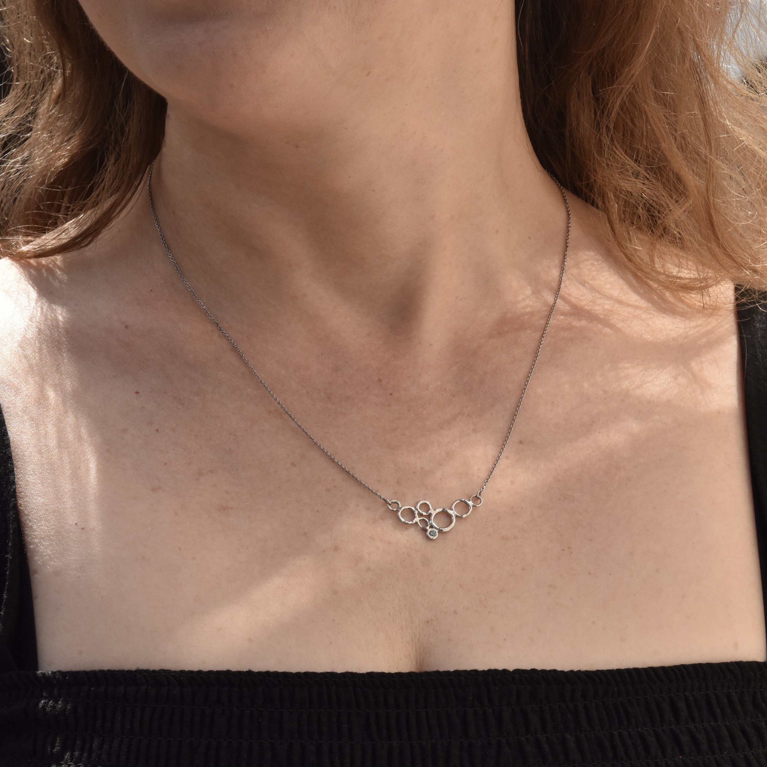 Platinum molten textured blue diamond bubble necklace Erin Cox Jewellery handmade handcrafted recycled ethically sourced fine organic jewellery Devon Exeter small business