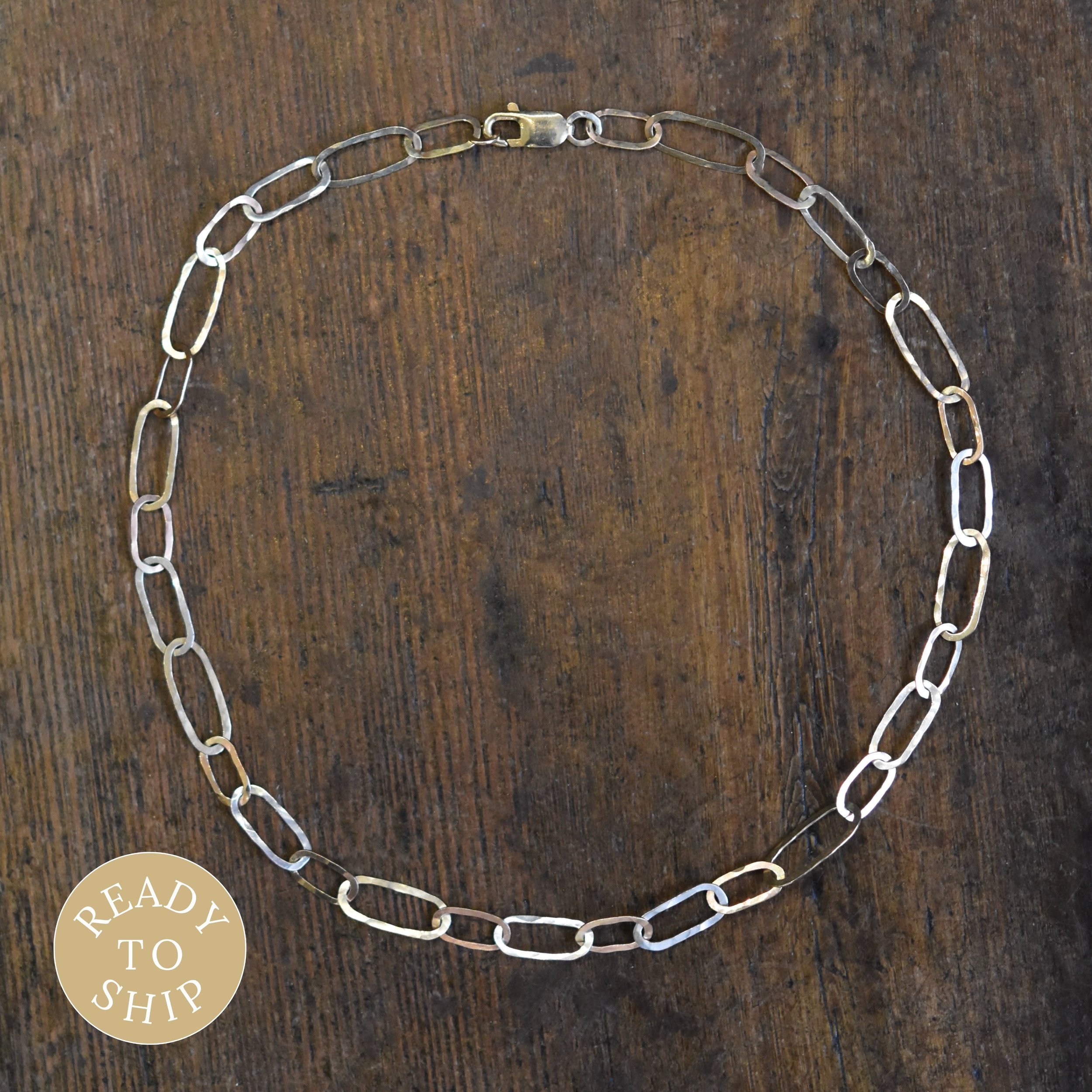 9ct yellow, rose & white gold hammered link chain Erin Cox Jewellery handmade handcrafted recycled ethically sourced fine organic jewellery Devon Exeter small business