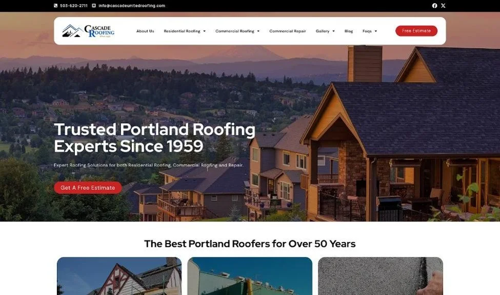 Screenshot of the home website page of Cascade Roofing.