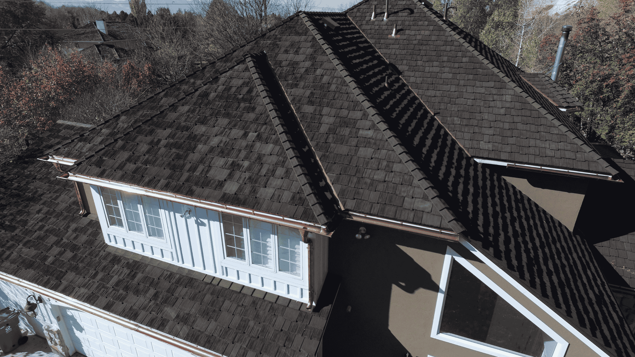 This is a drone picture of a CEDUR Walden roof installed by All Star Roofing.