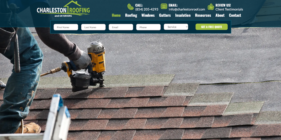 An image of Charleston Roofing and Exteriors’ website homepage.