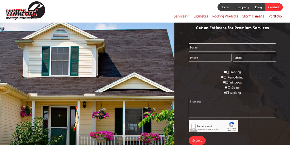 An image of Williford Roofing & Construction’s home page.