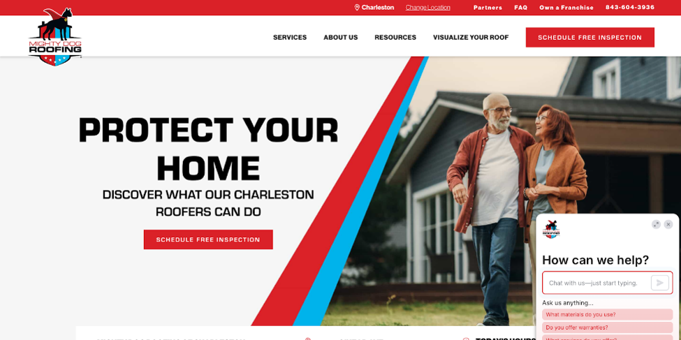 An image of Mighty Dog Roofing of Charleston’s website home page.