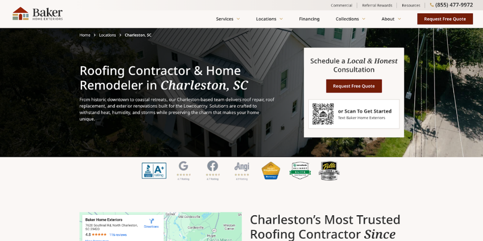 An image of Baker Home Exteriors’ Charleston roofing website homepage.