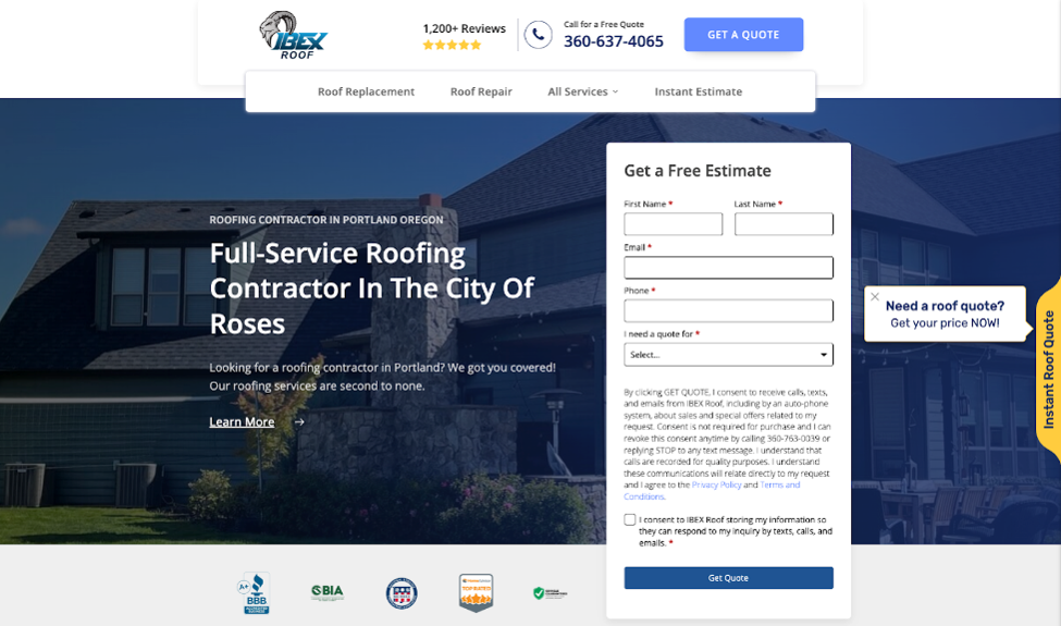 Screenshot of the home website page of Ibex Roofing.