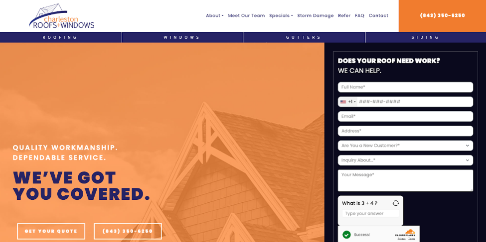 An image of Charleston Roofs + Windows’ roofing website homepage.