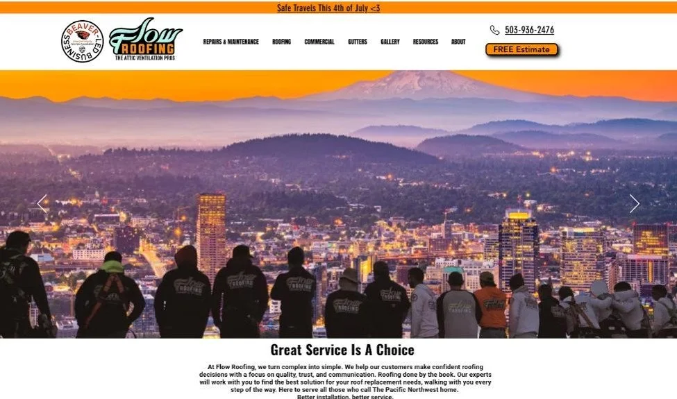 Screenshot of the home website page of Flow Roofing.