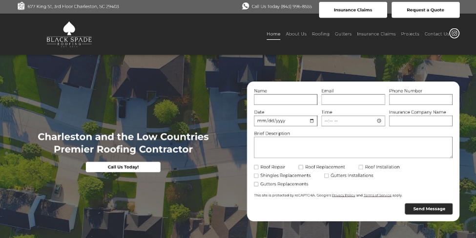 An image of Charleston Roofing and Exteriors’ website homepage.