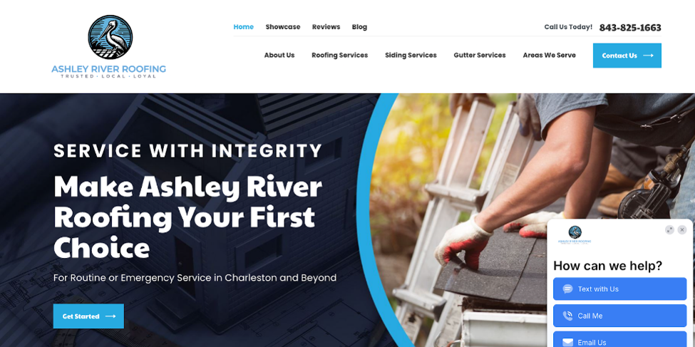 An image of Ashley River Roofing’s website home page.