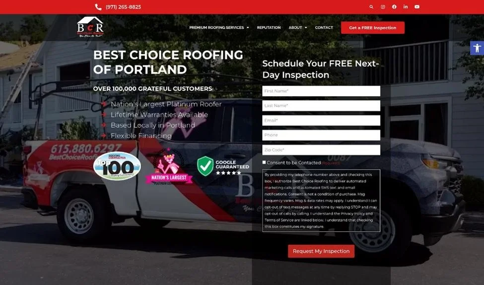 Screenshot of the home website page of Best Choice Roofing.