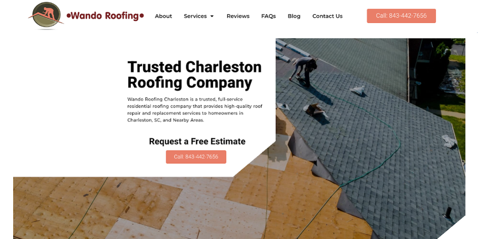 An image of Wando Roofing Charleston’s website homepage.