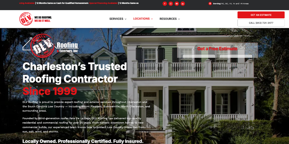 An image of DLV Roofing and Exteriors’ website homepage.