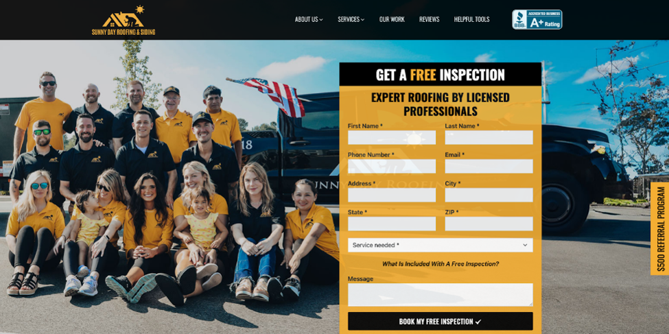 An image of Sunny Day Roofing’s website home page.
