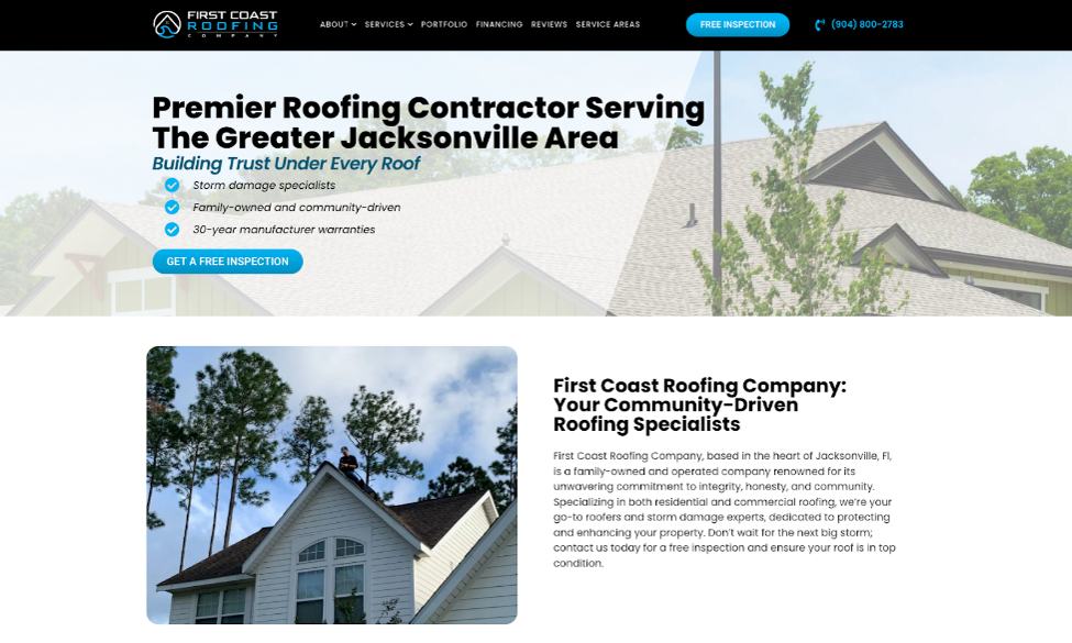 An image of First Coast Roofing Company’s homepage.